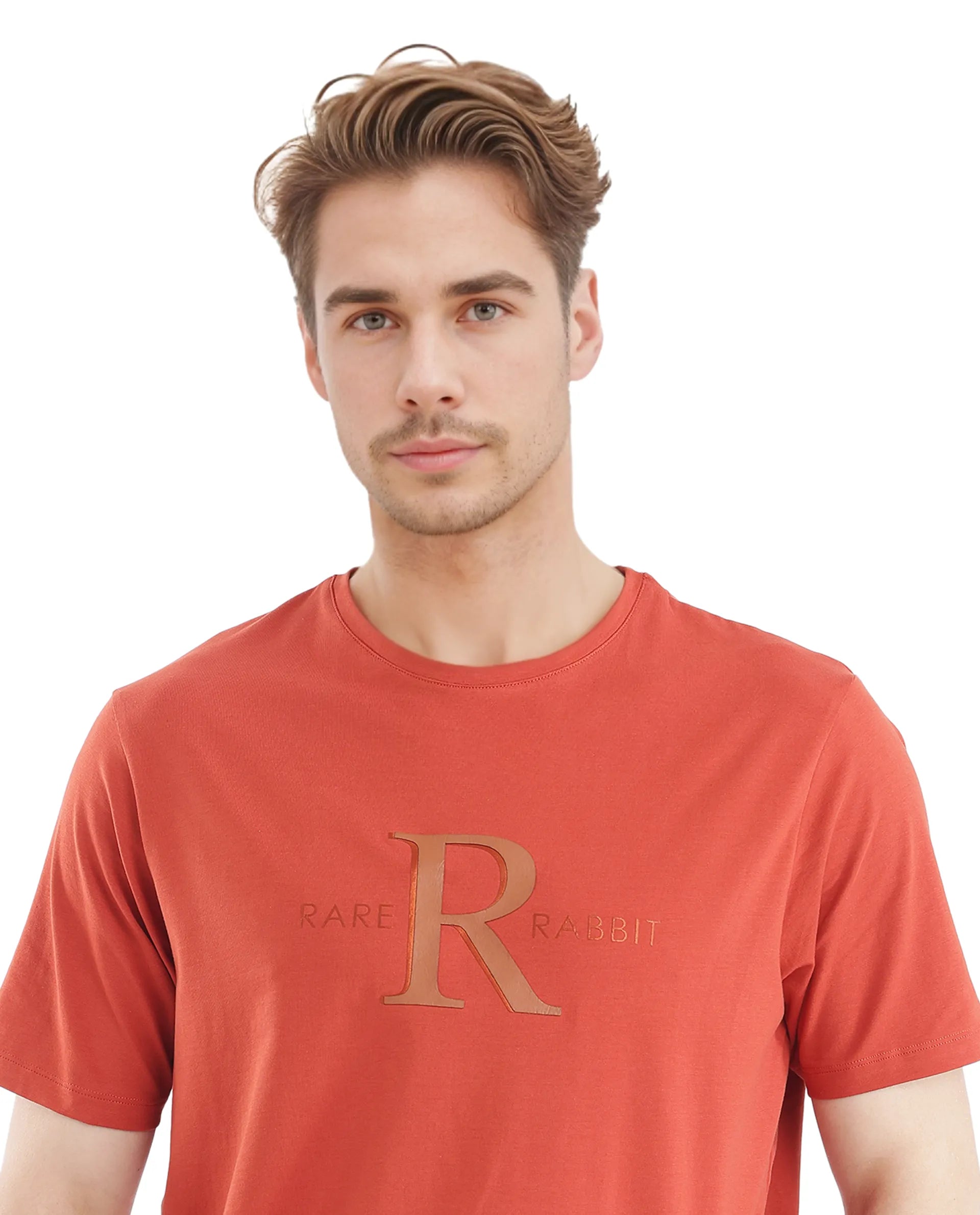Rare Rabbit Men's Sorin-1 Rust Cotton Lycra Fabric Short Sleeve Crew Neck Graphic Print T-Shirt