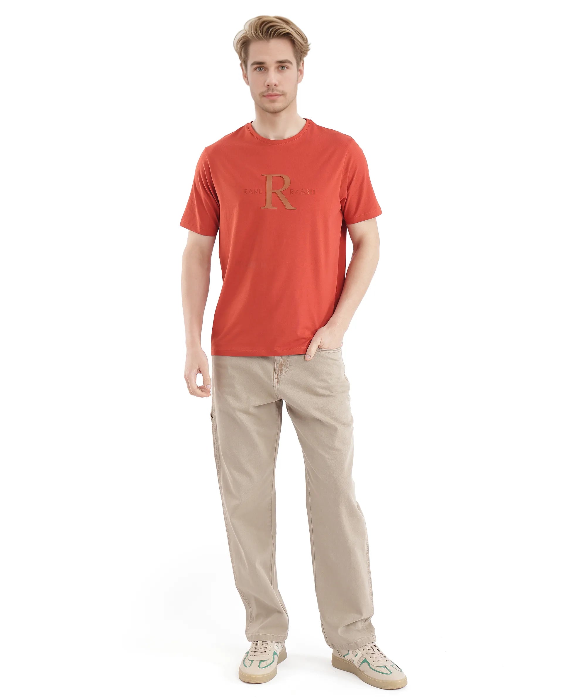 Rare Rabbit Men's Sorin-1 Rust Cotton Lycra Fabric Short Sleeve Crew Neck Graphic Print T-Shirt