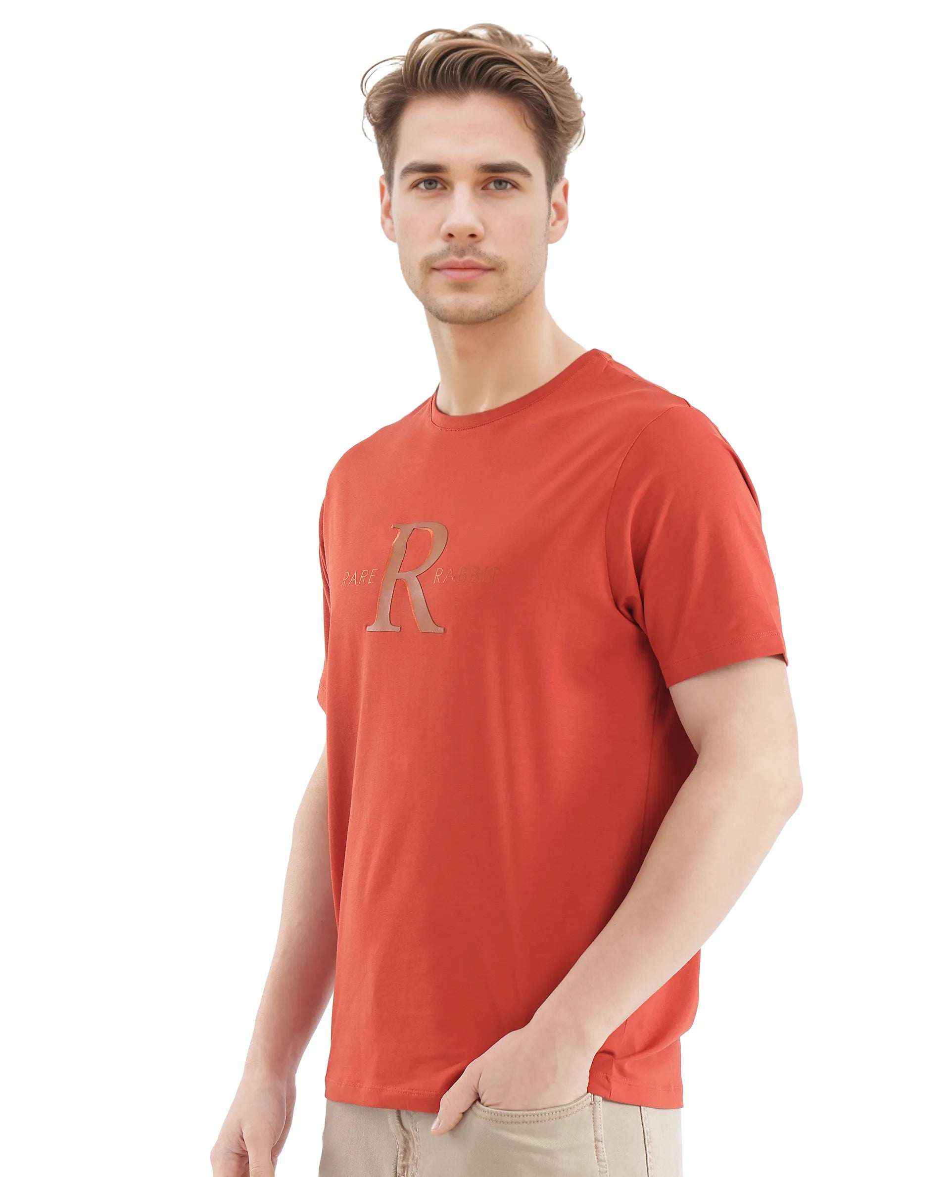 Rare Rabbit Men's Sorin-1 Rust Cotton Lycra Fabric Short Sleeve Crew Neck Graphic Print T-Shirt
