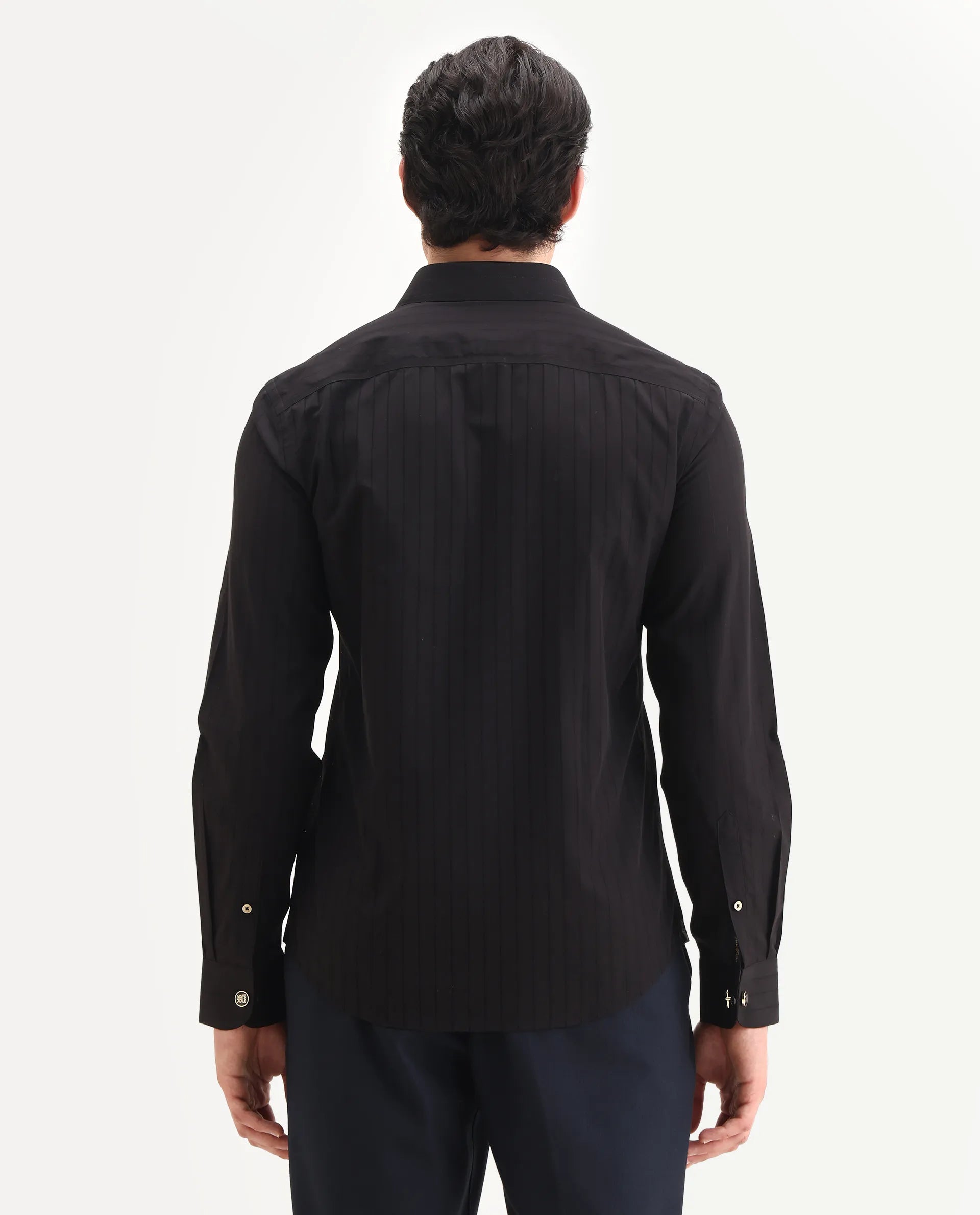 Rare Rabbit Men's Sorn Black Cotton Fabric Spread Collar Regular Fit Striped Shirt