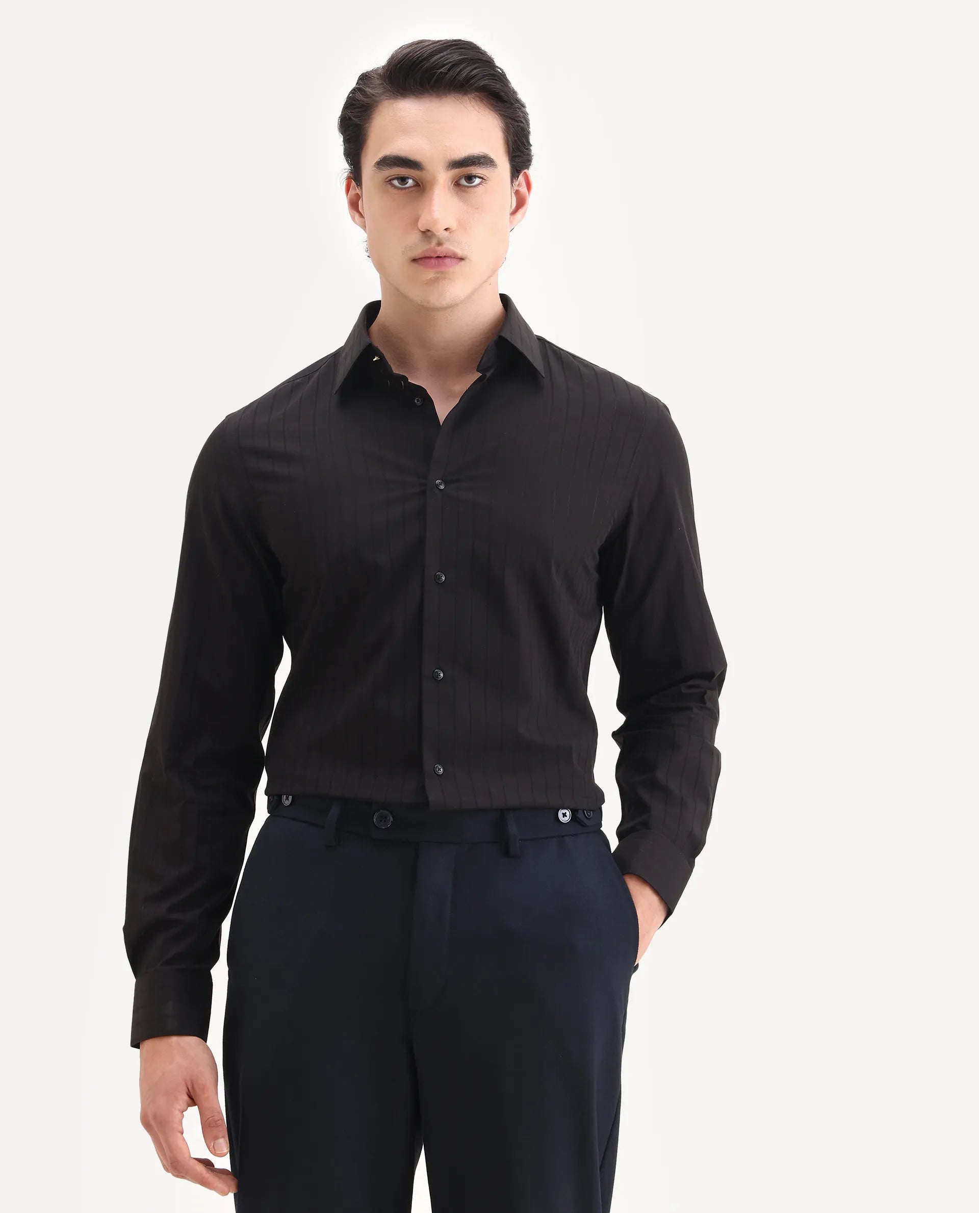 Rare Rabbit Men's Sorn Black Cotton Fabric Spread Collar Regular Fit Striped Shirt