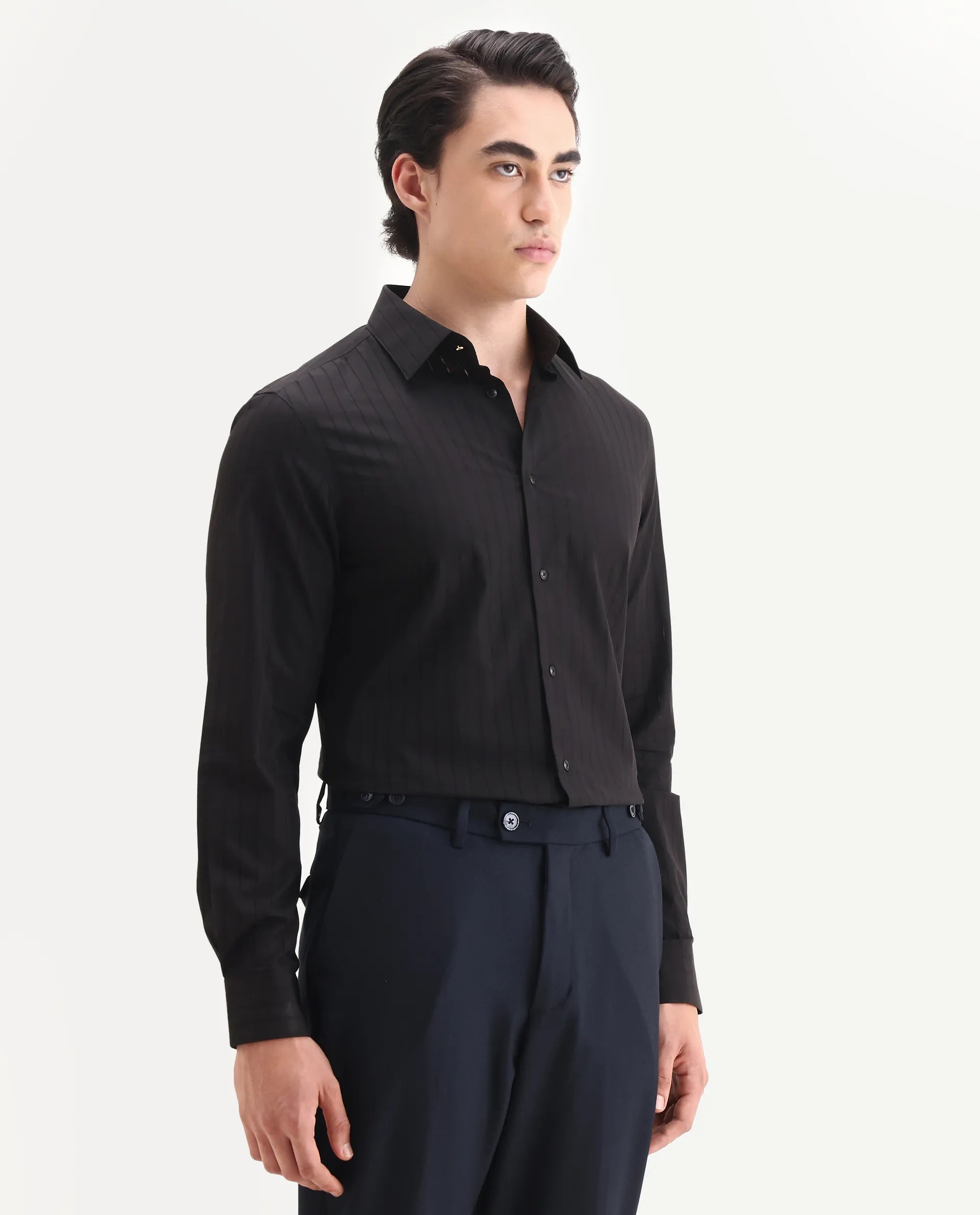 Rare Rabbit Men's Sorn Black Cotton Fabric Spread Collar Regular Fit Striped Shirt