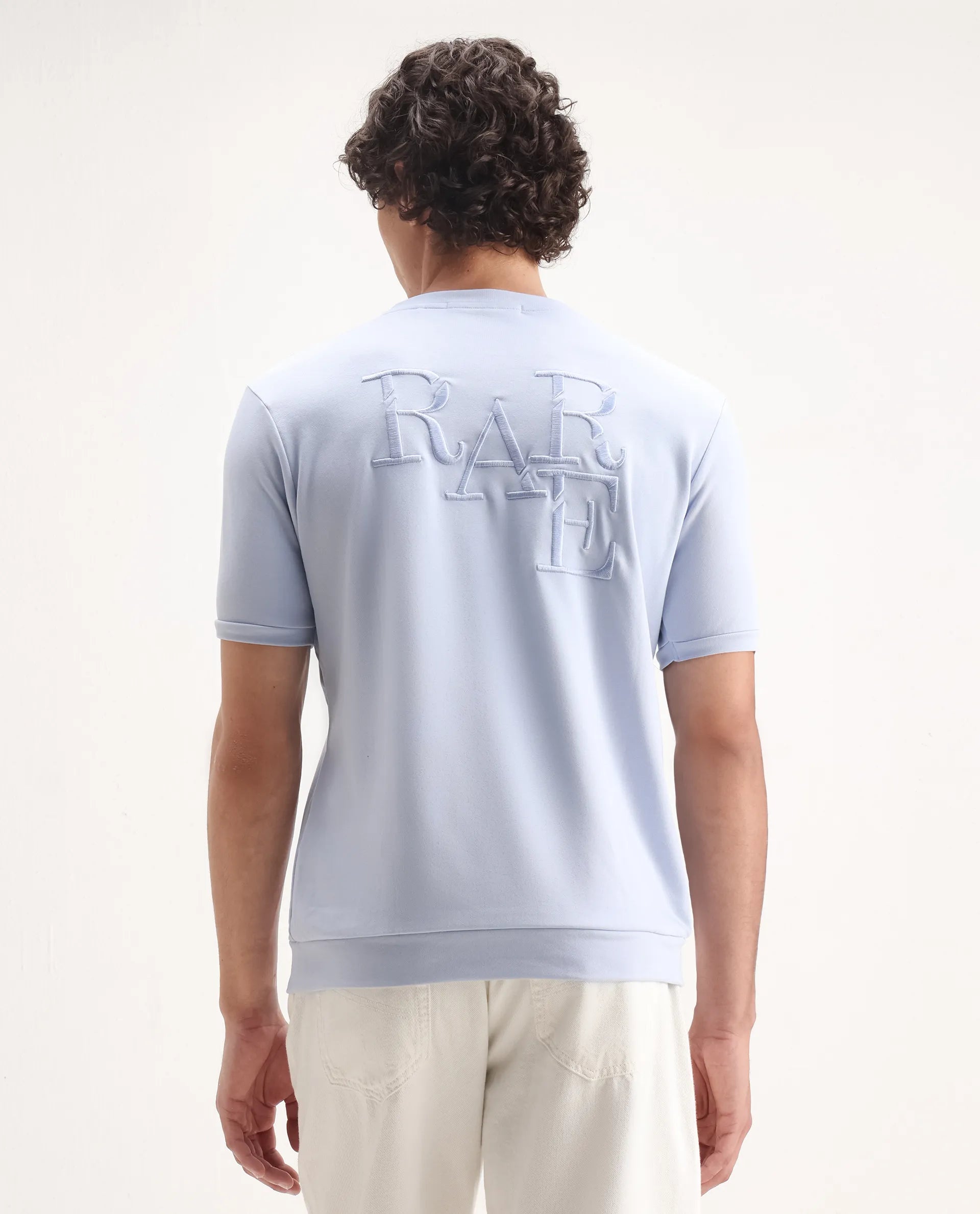 Rare Rabbit Men's Sorp Light Blue Cotton Embroidered Oversized Fit Half Sleeve Crew Neck T-Shirt