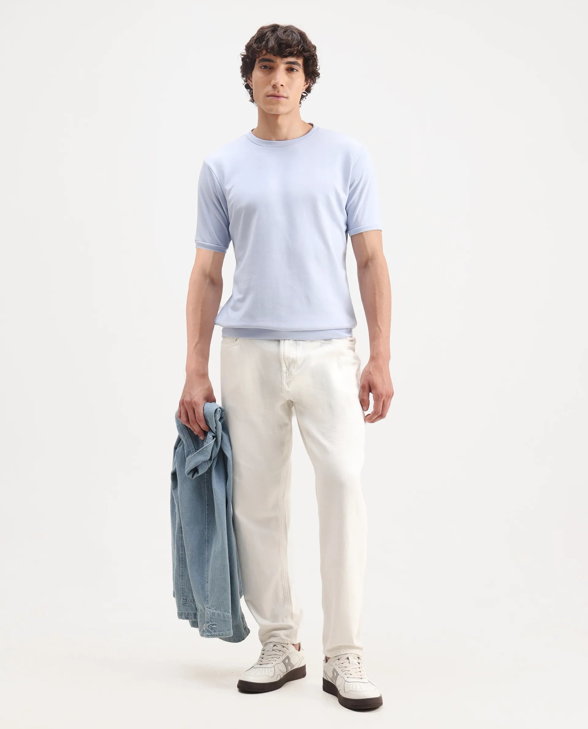 Rare Rabbit Men's Sorp Light Blue Cotton Embroidered Oversized Fit Half Sleeve Crew Neck T-Shirt