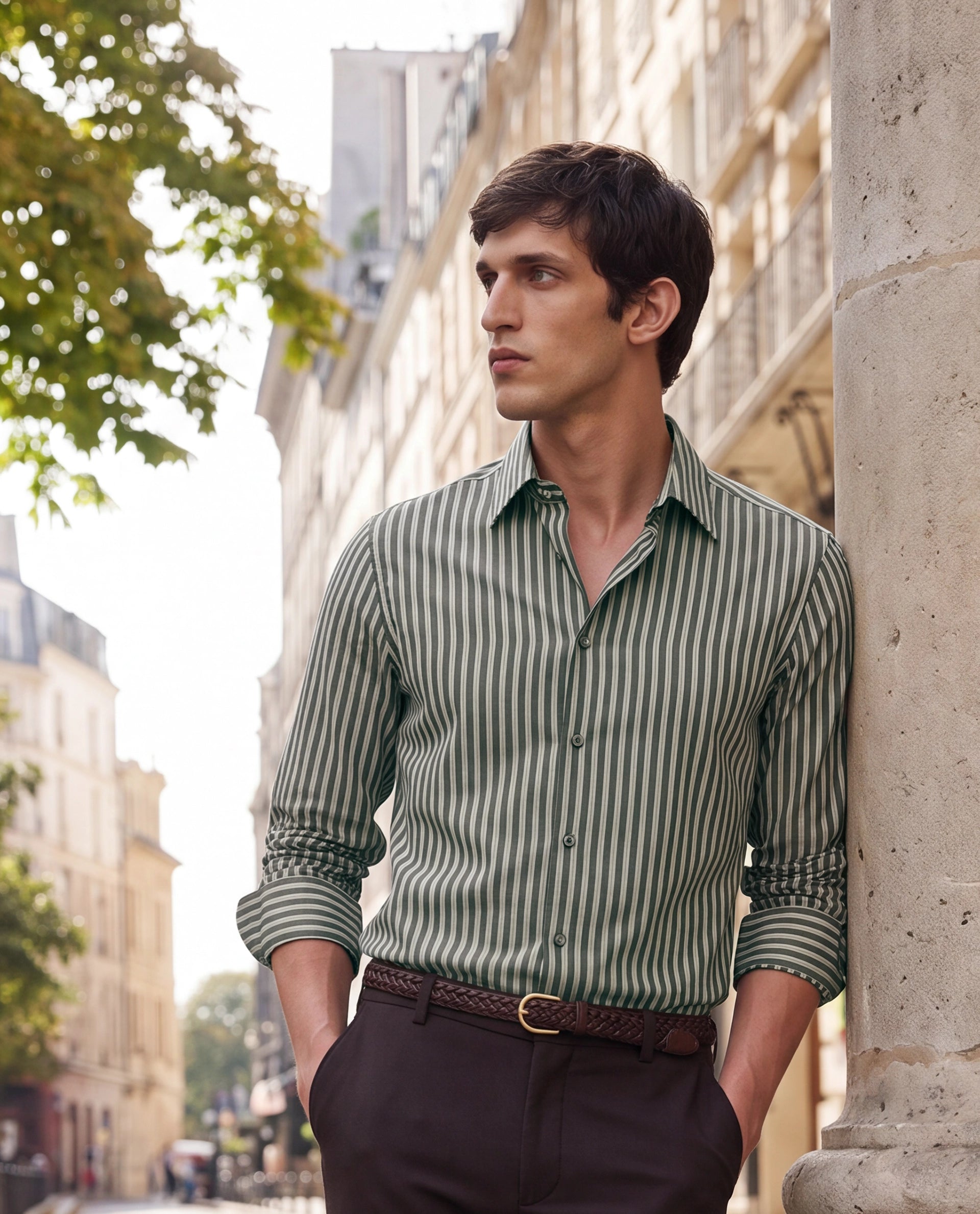 Rare Rabbit Men's Soti Green Cotton Full Sleeve Spread Collar Regular Fit Striped Shirt