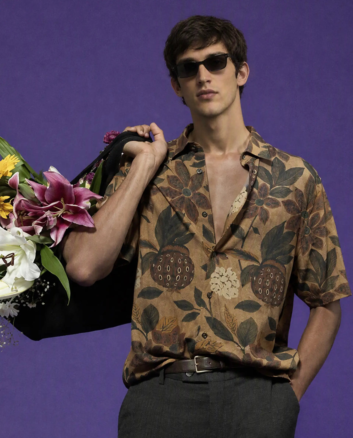 Rare Rabbit Men's Soto Light Rust Viscose Fabric Half Sleeve Spread Collar Regular Tropical Print Shirt