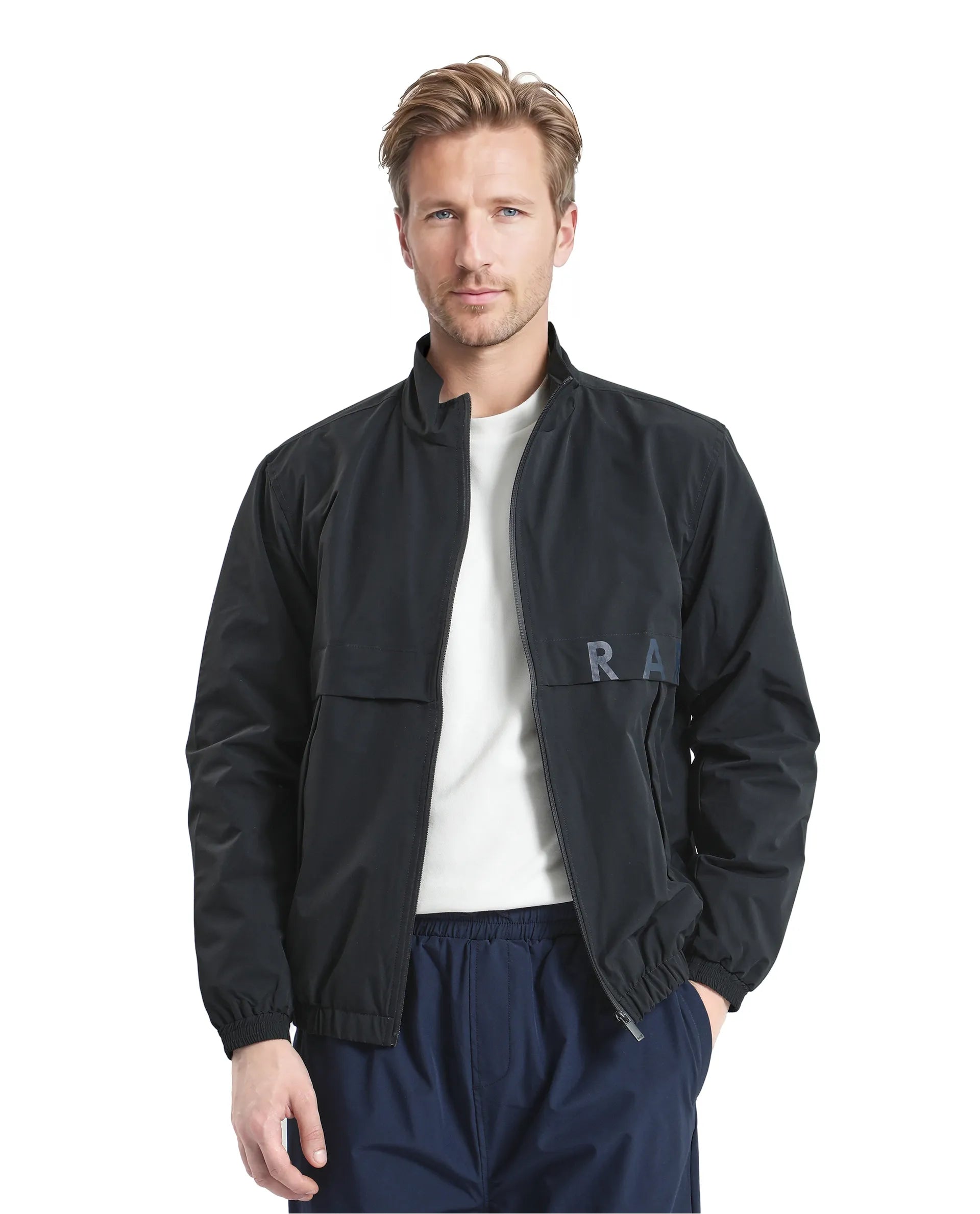 Rare Rabbit Men Soweto Navy Polyester Fabric Full Sleeve Curved Collar Plain Jacket