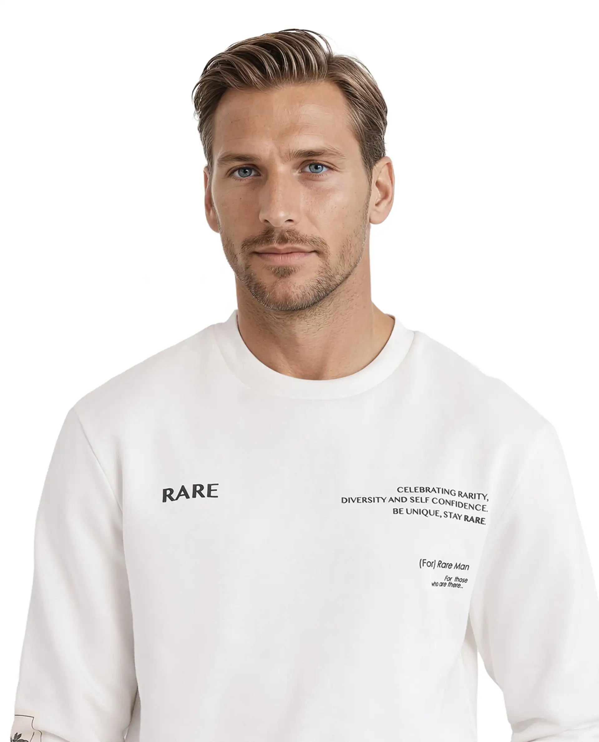 Rare Rabbit Men Spade White Cotton Fabric Full Sleeve Crew Neck Boxy Fit Typography Placement Printed Sweatshirt