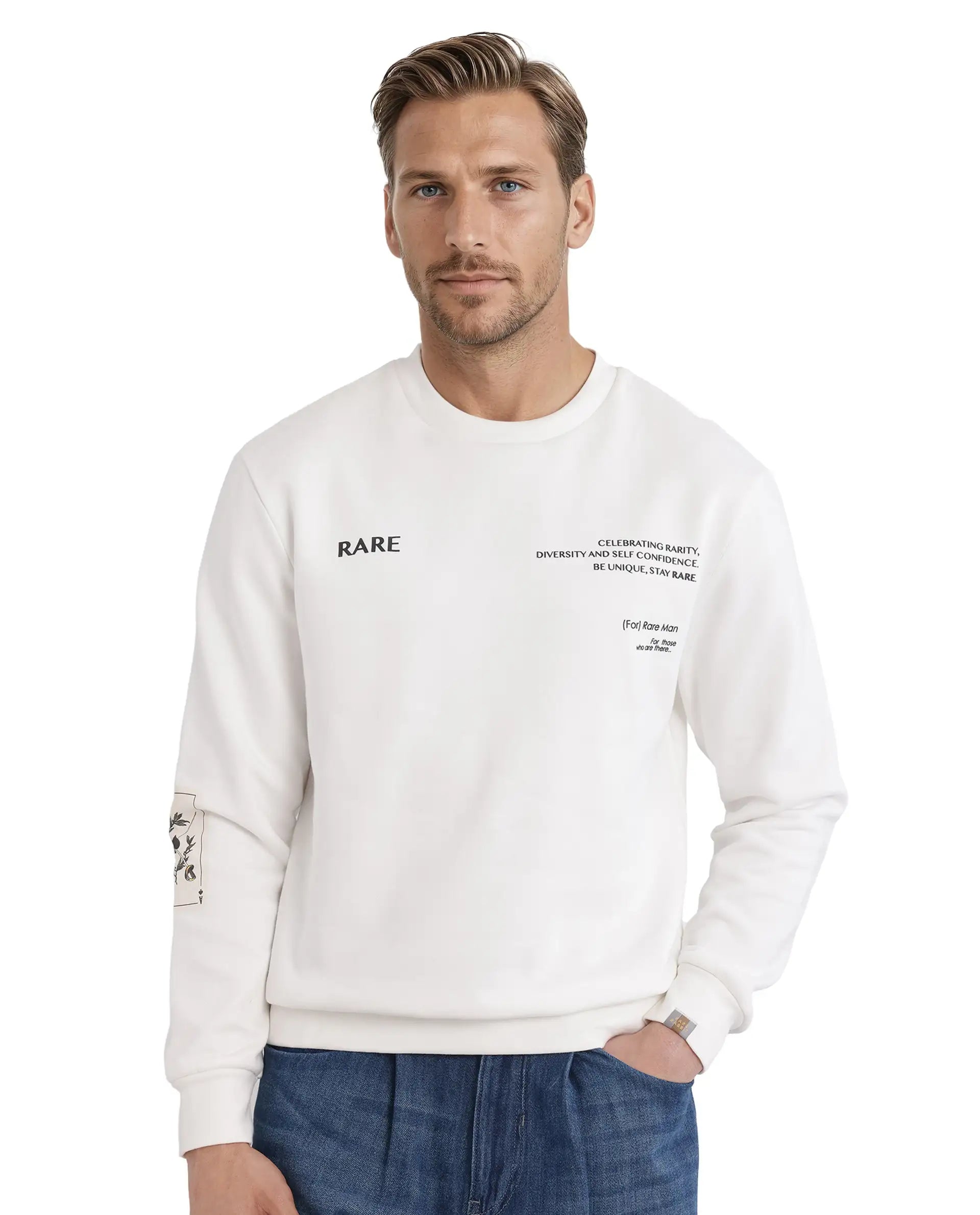 Rare Rabbit Men Spade White Cotton Fabric Full Sleeve Crew Neck Boxy Fit Typography Placement Printed Sweatshirt