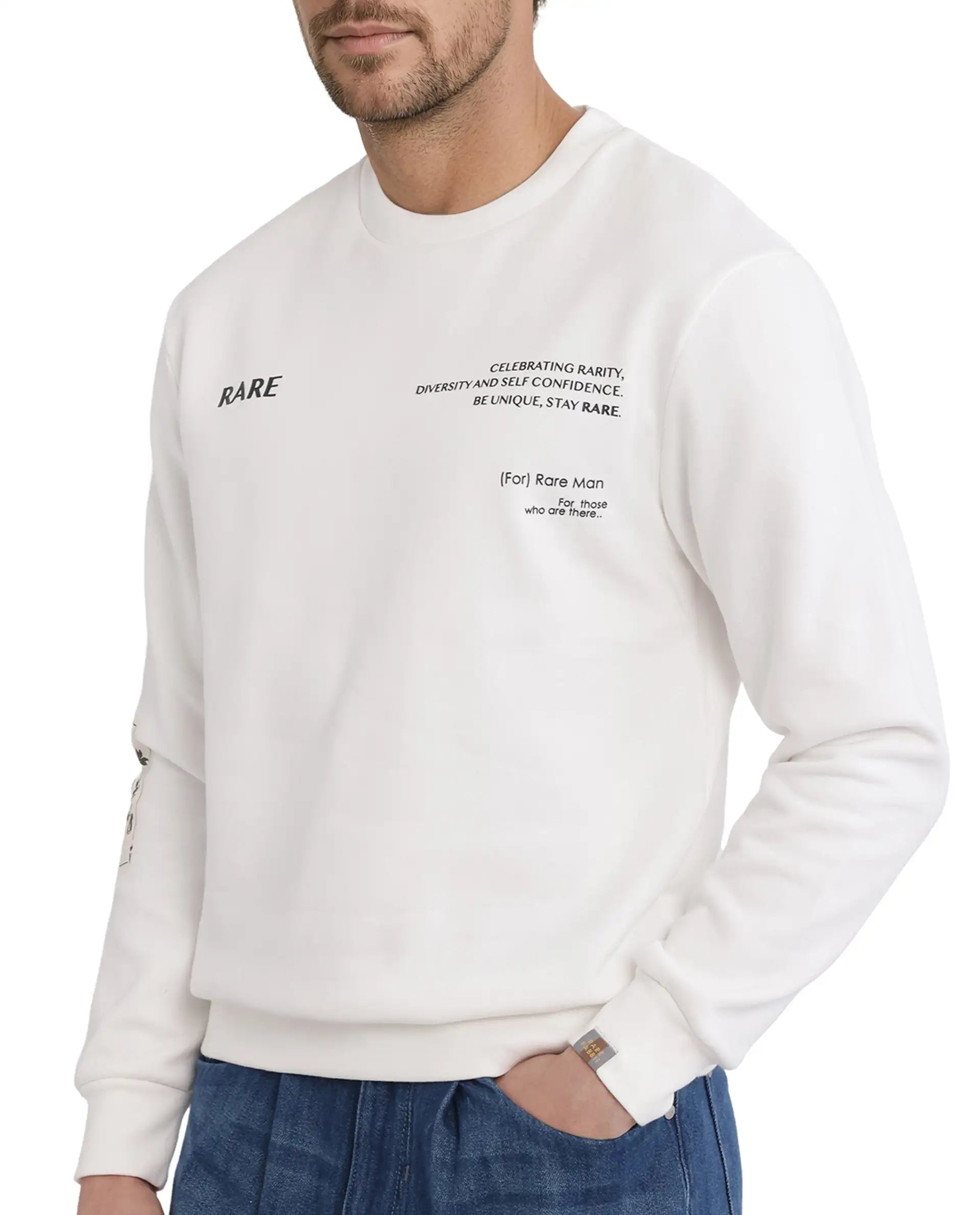 Rare Rabbit Men Spade White Cotton Fabric Full Sleeve Crew Neck Boxy Fit Typography Placement Printed Sweatshirt