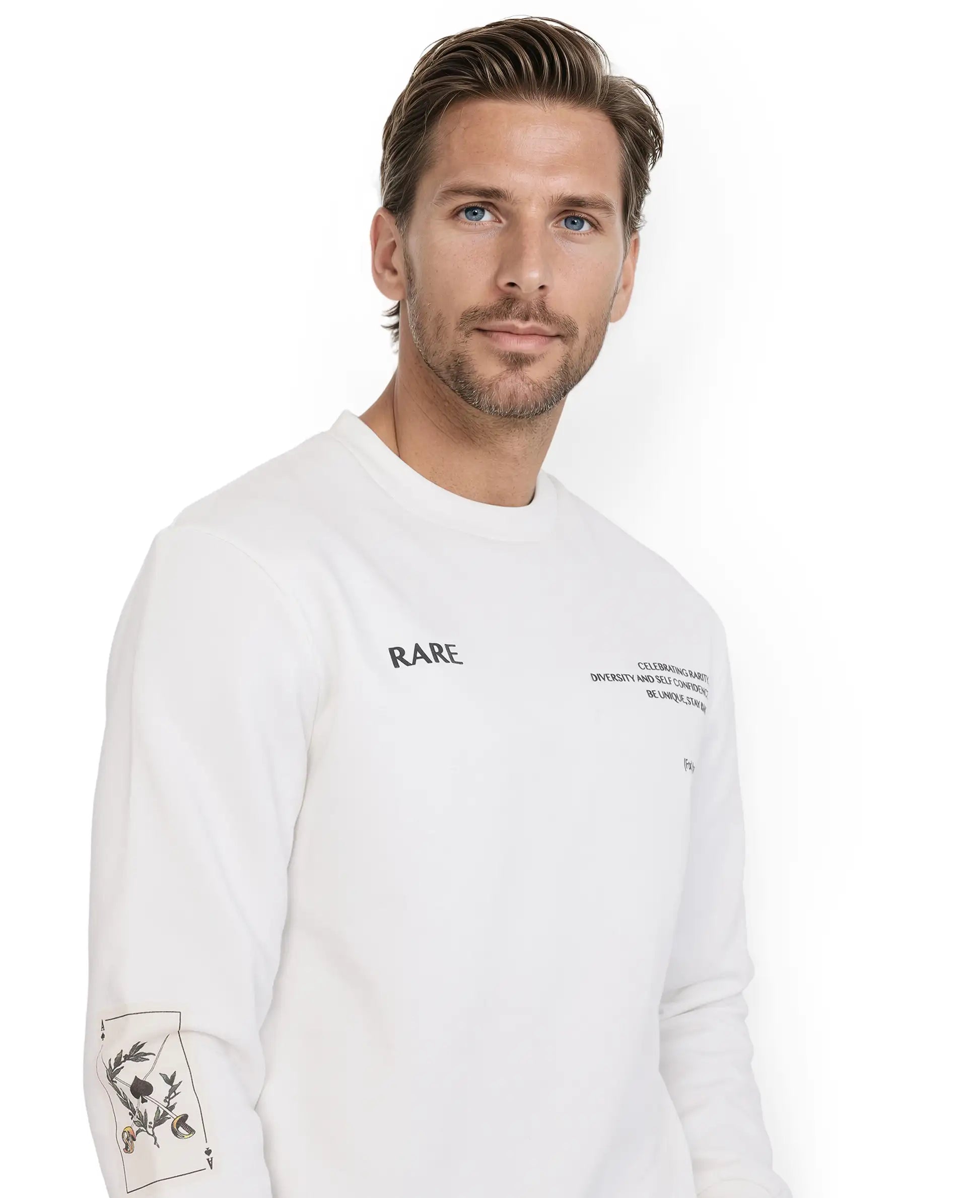 Rare Rabbit Men Spade White Cotton Fabric Full Sleeve Crew Neck Boxy Fit Typography Placement Printed Sweatshirt