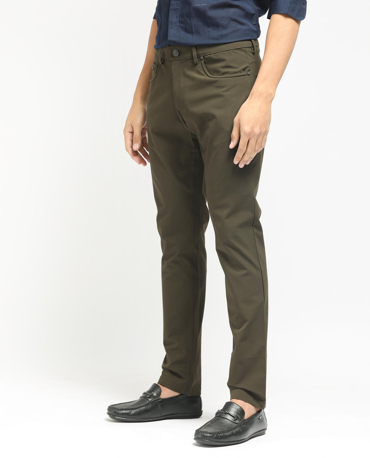 Rare Rabbit Men's Spark Dark Olive Solid Mid-Rise Regular Fit Trouser