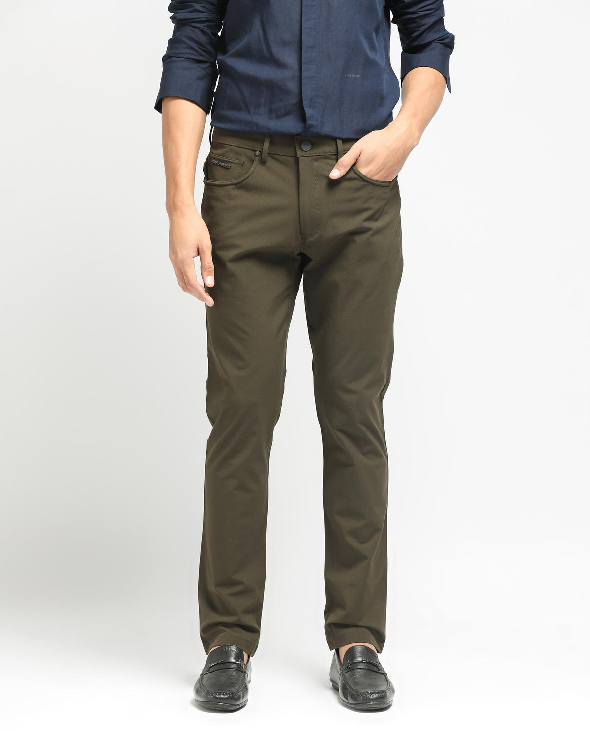 Rare Rabbit Men's Spark Dark Olive Solid Mid-Rise Regular Fit Trouser