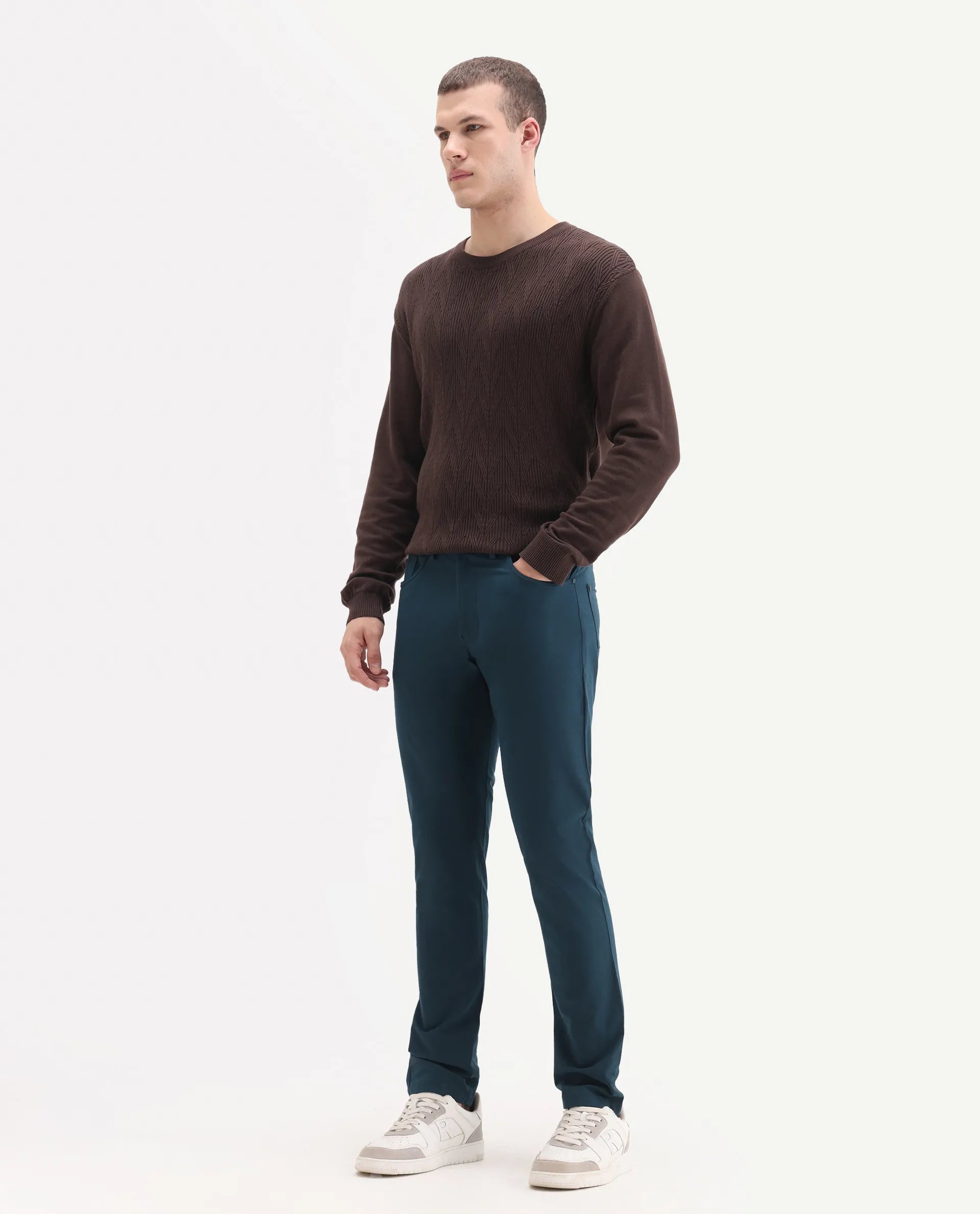 Rare Rabbit Men's Spark Dark Petrol Polyester Plain Regular Fit Trouser