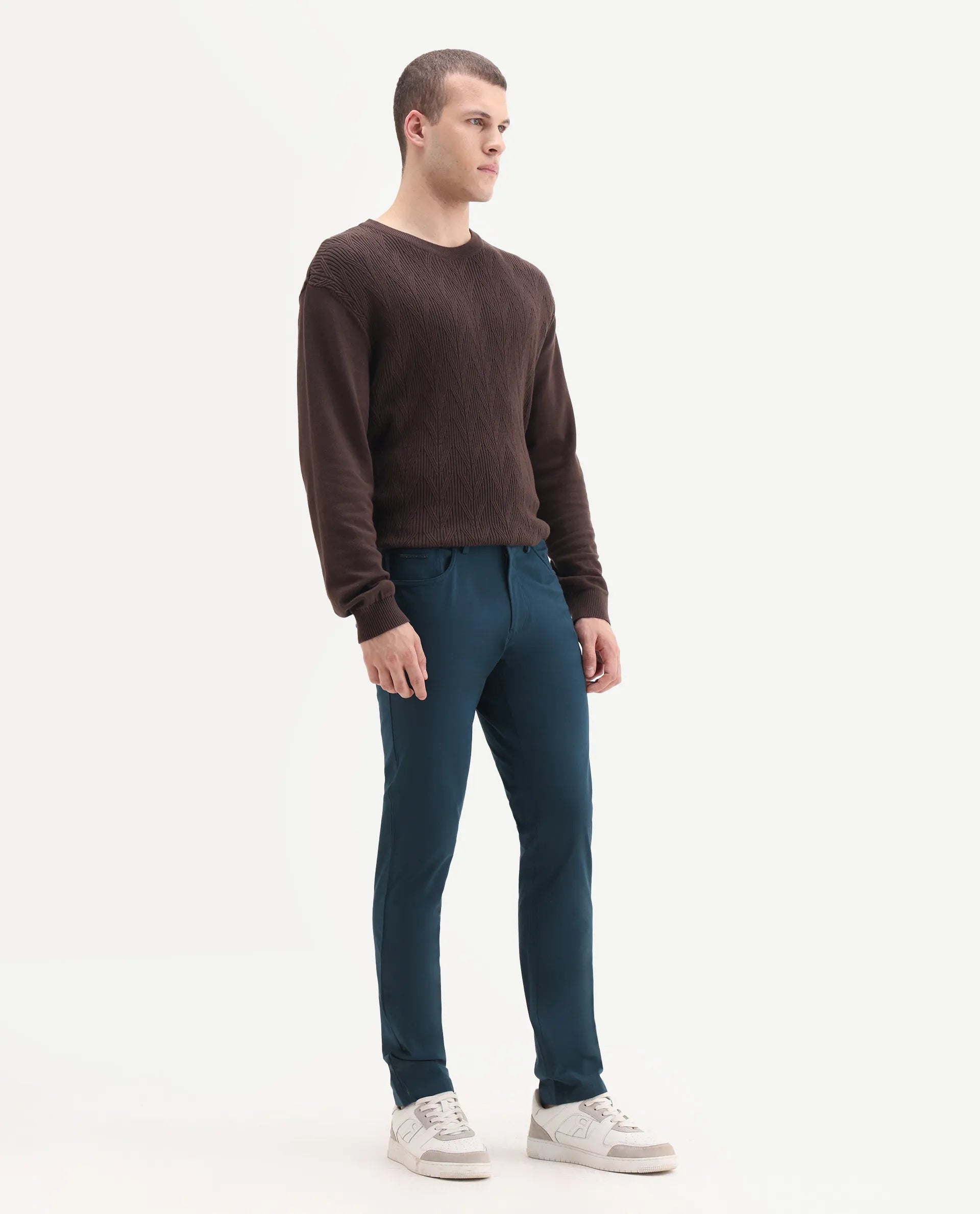 Rare Rabbit Men's Spark Dark Petrol Polyester Plain Regular Fit Trouser