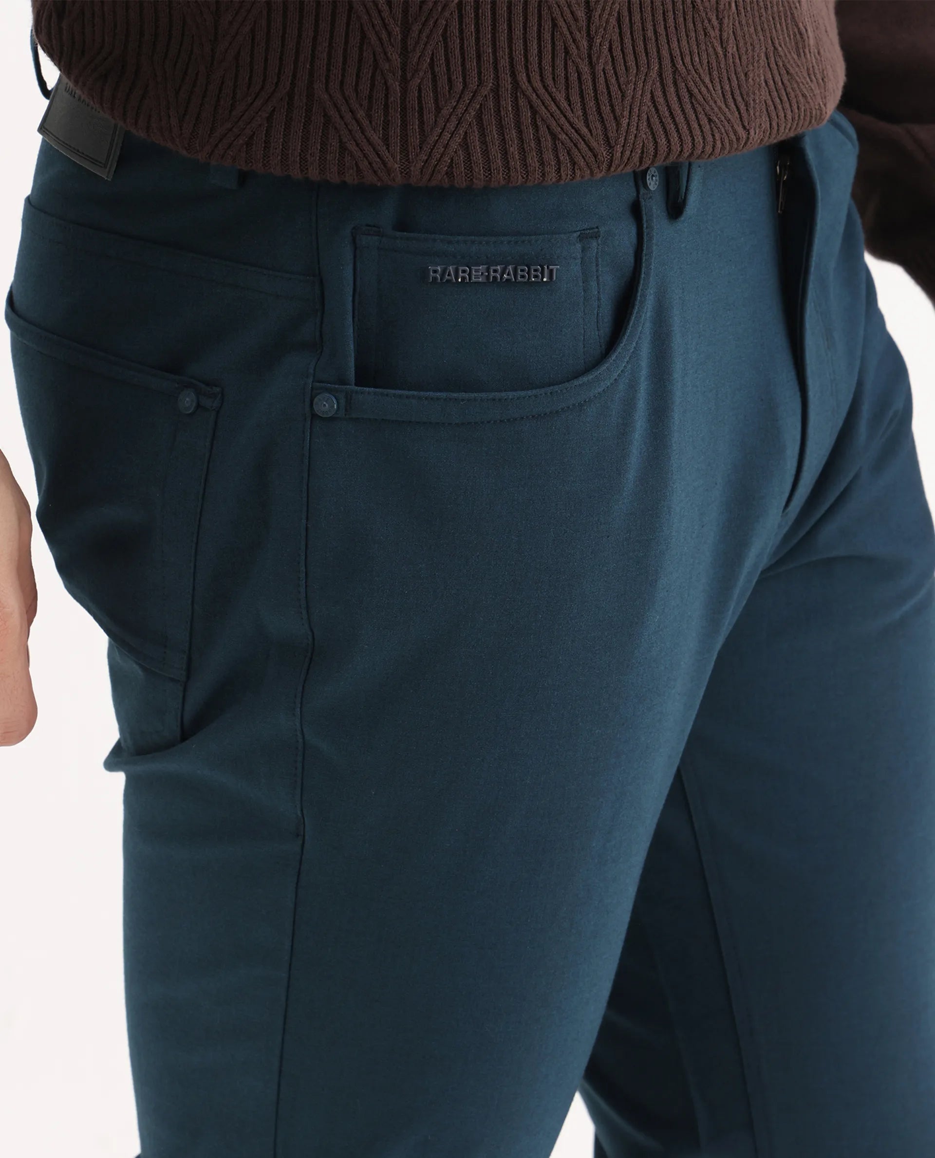 Rare Rabbit Men's Spark Dark Petrol Polyester Plain Regular Fit Trouser