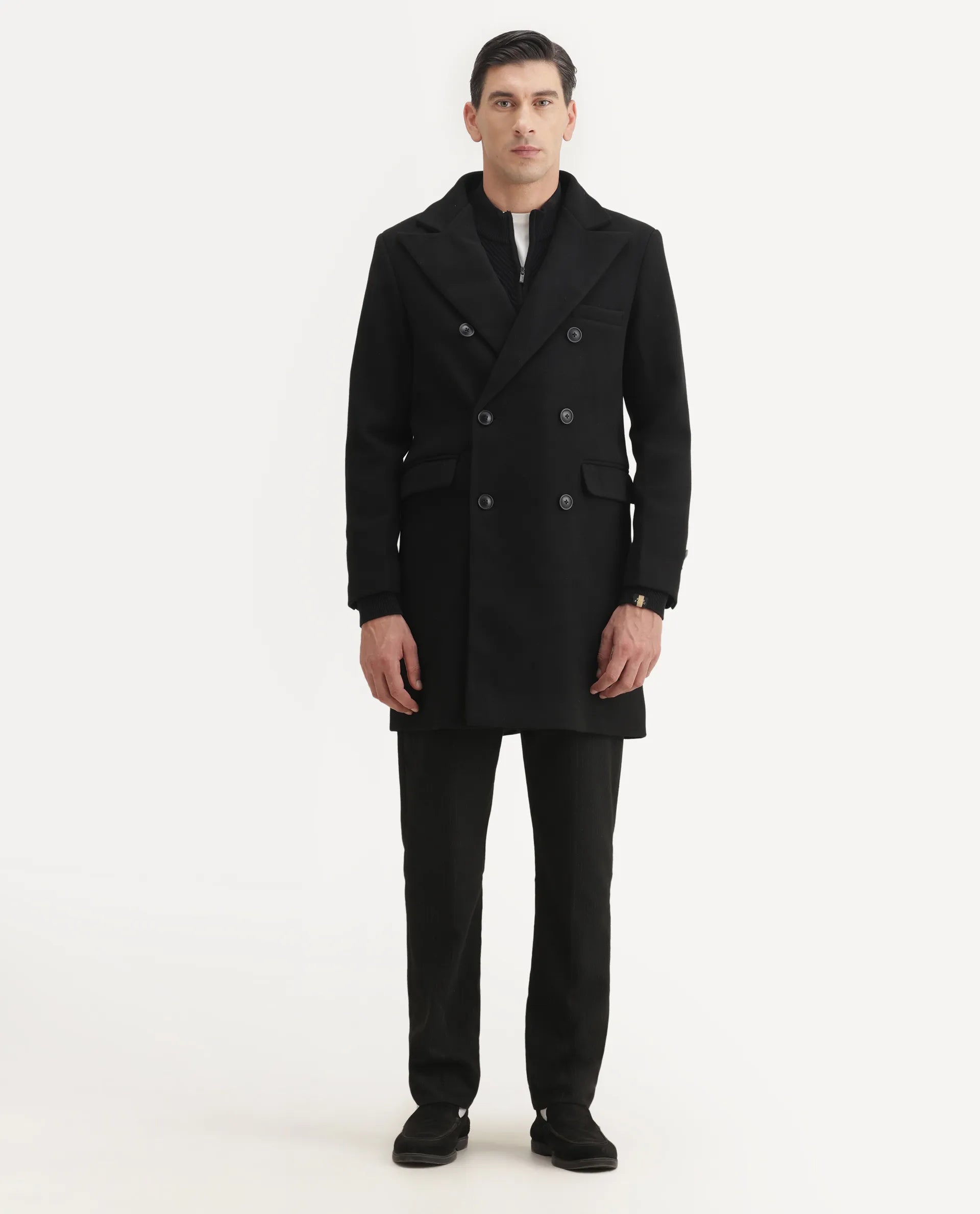 Rare Rabbit Men's Spartan-25 Black Polyester Blend Fabric Collared Neck Relaxed Plain Coat