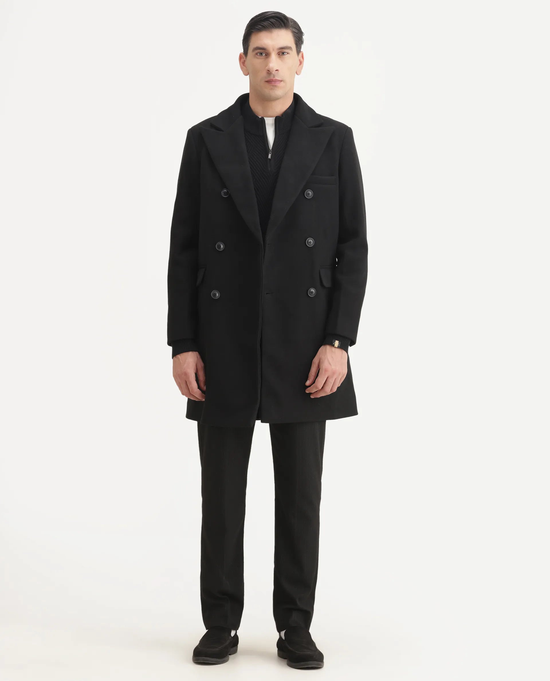 Rare Rabbit Men's Spartan-25 Black Polyester Blend Fabric Collared Neck Relaxed Plain Coat