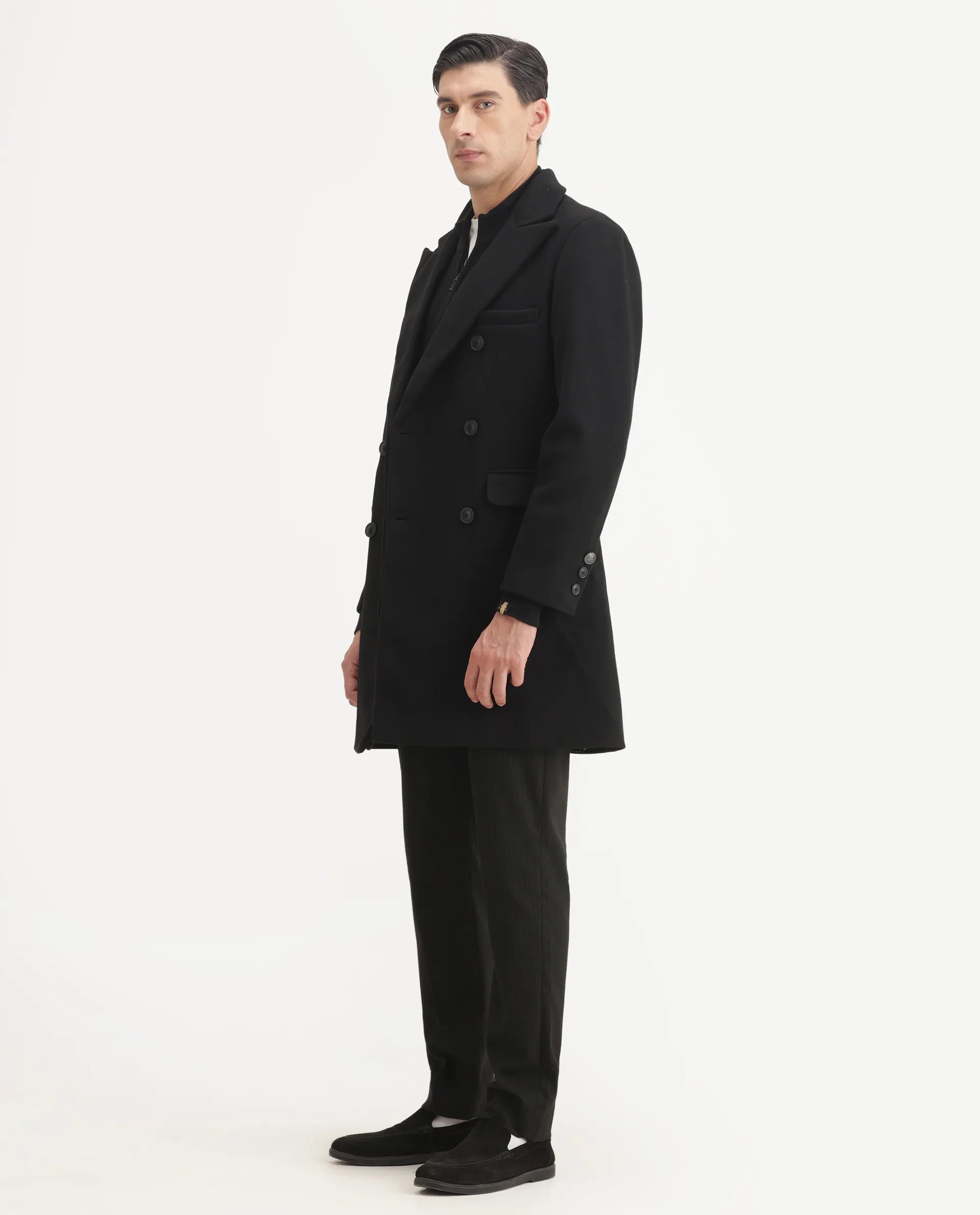 Rare Rabbit Men's Spartan-25 Black Polyester Blend Fabric Collared Neck Relaxed Plain Coat