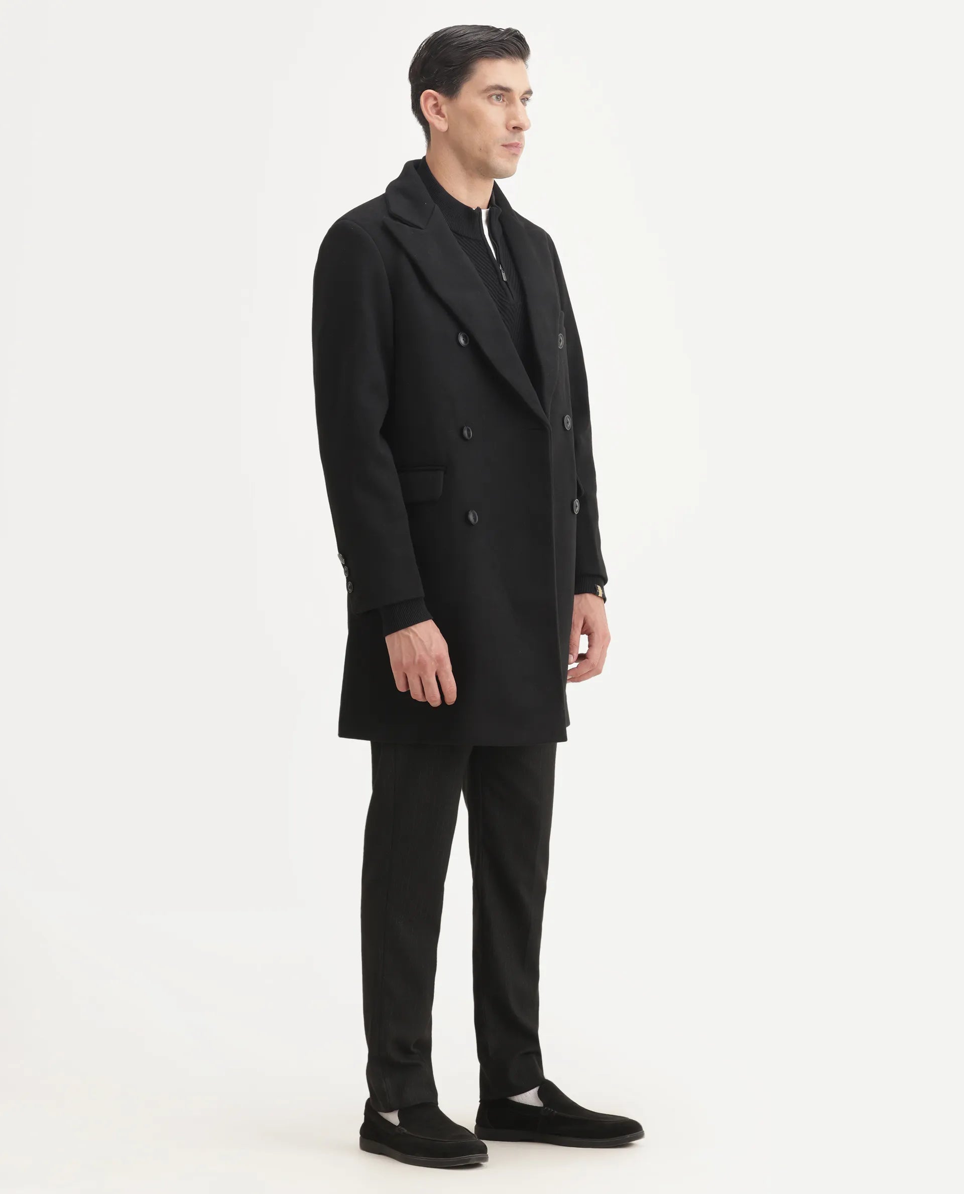 Rare Rabbit Men's Spartan-25 Black Polyester Blend Fabric Collared Neck Relaxed Plain Coat