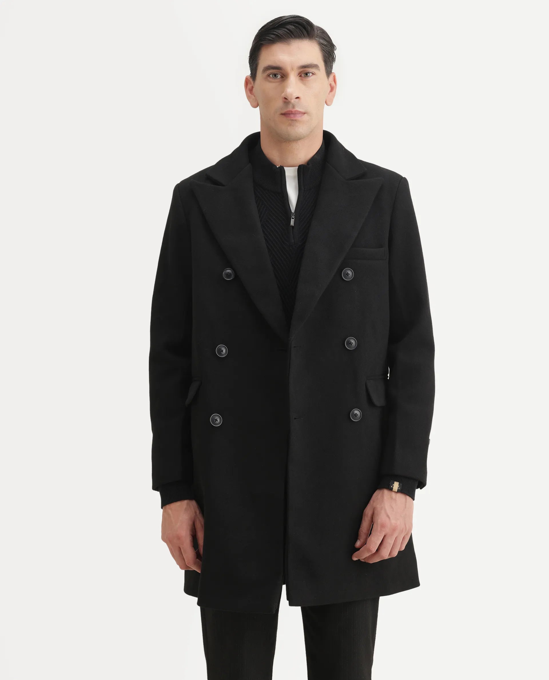 Rare Rabbit Men's Spartan-25 Black Polyester Blend Fabric Collared Neck Relaxed Plain Coat
