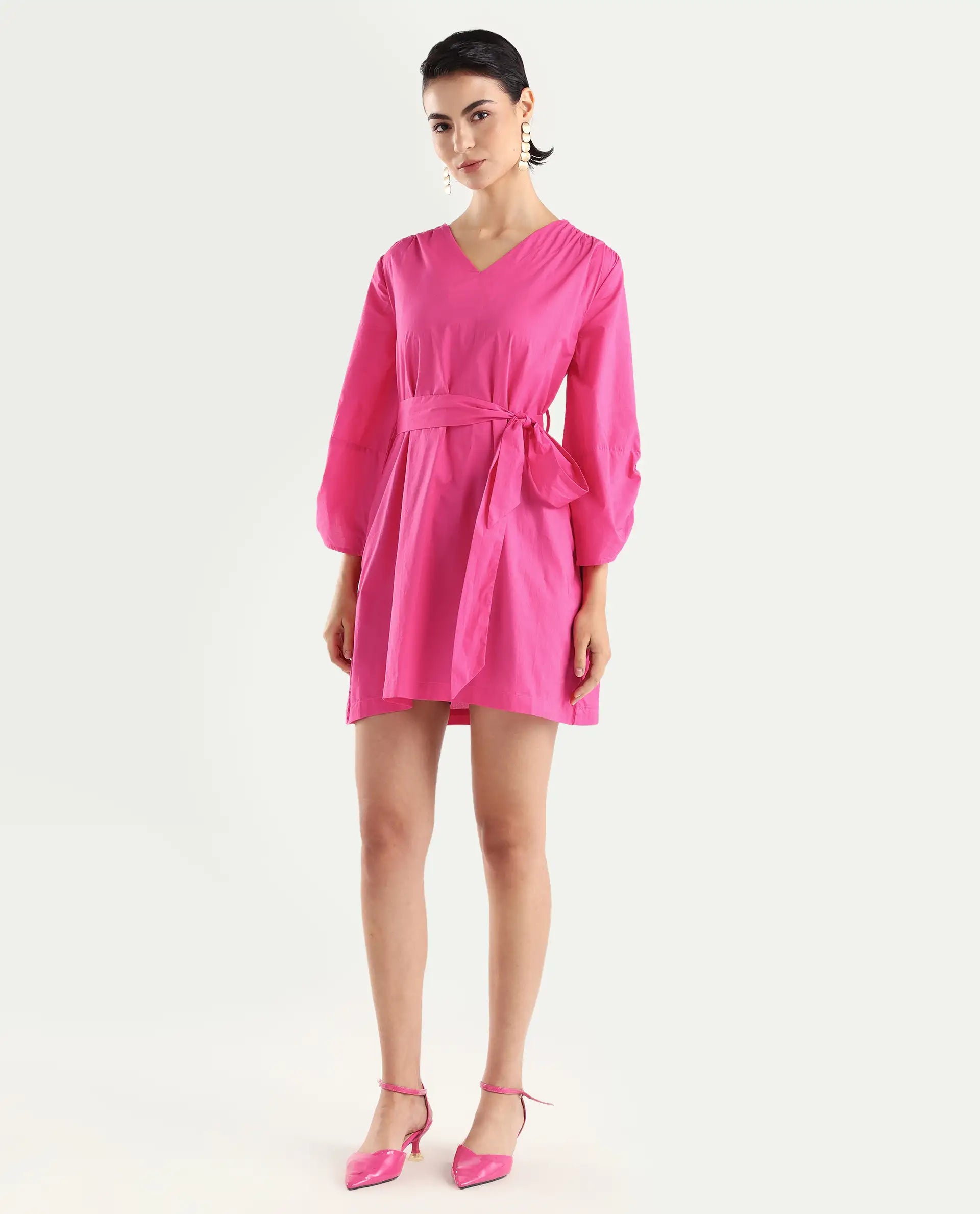 Rareism Women's Spate Pink Cotton V-Neck Plain Mini Regular Fit Dress