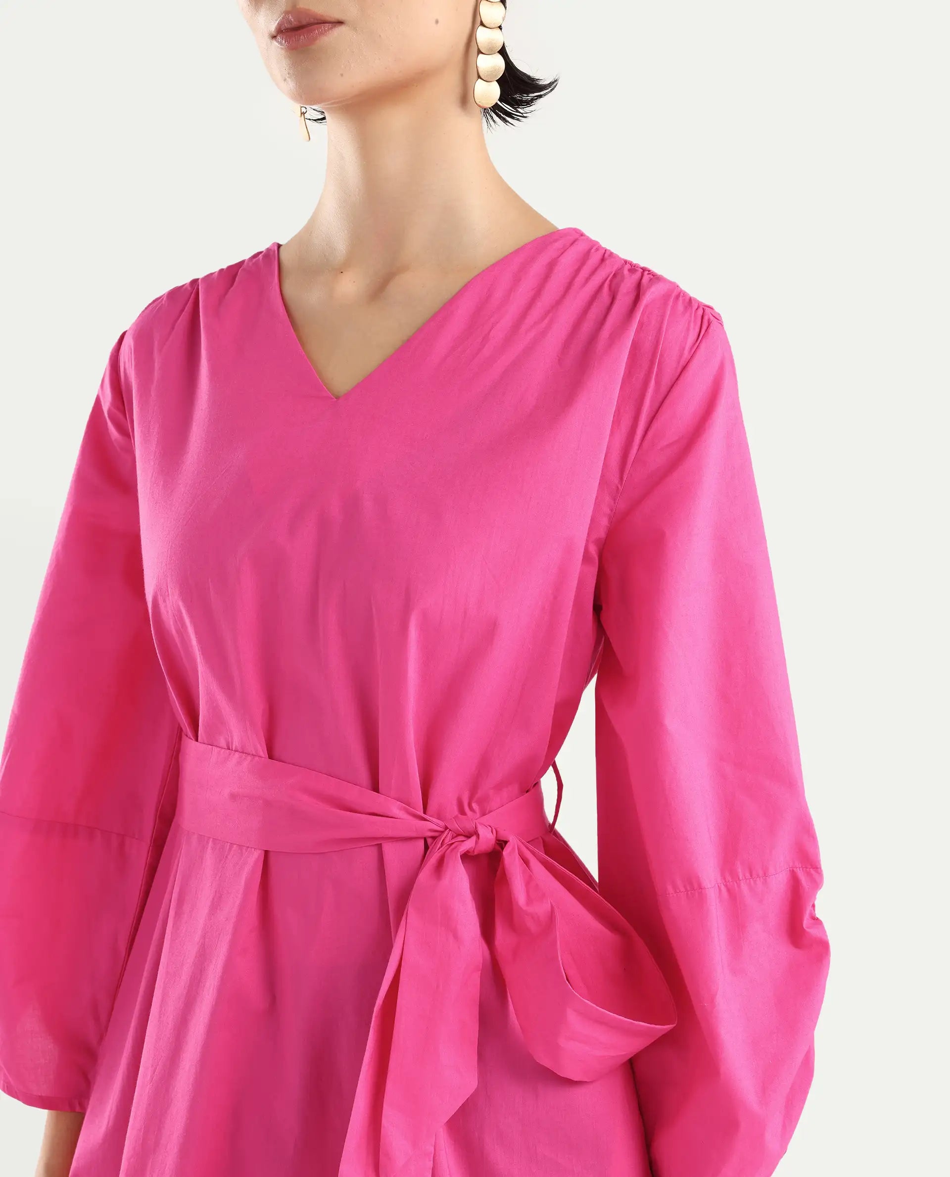 Rareism Women's Spate Pink Cotton V-Neck Plain Mini Regular Fit Dress