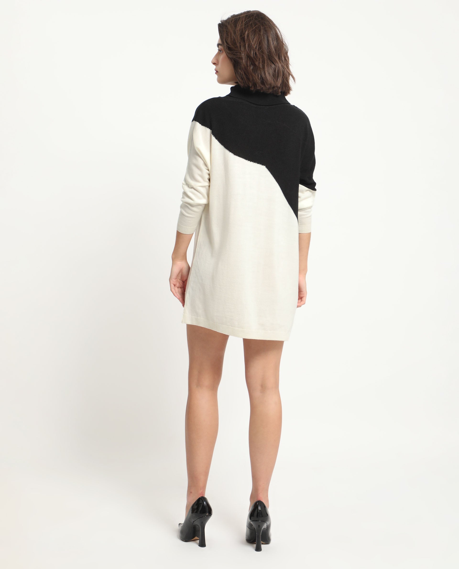 Rareism Women Spaton 2 White Acrylic Fabric Full Sleeves High Neck Regular Fit Color Blocked Knee Length Sweater