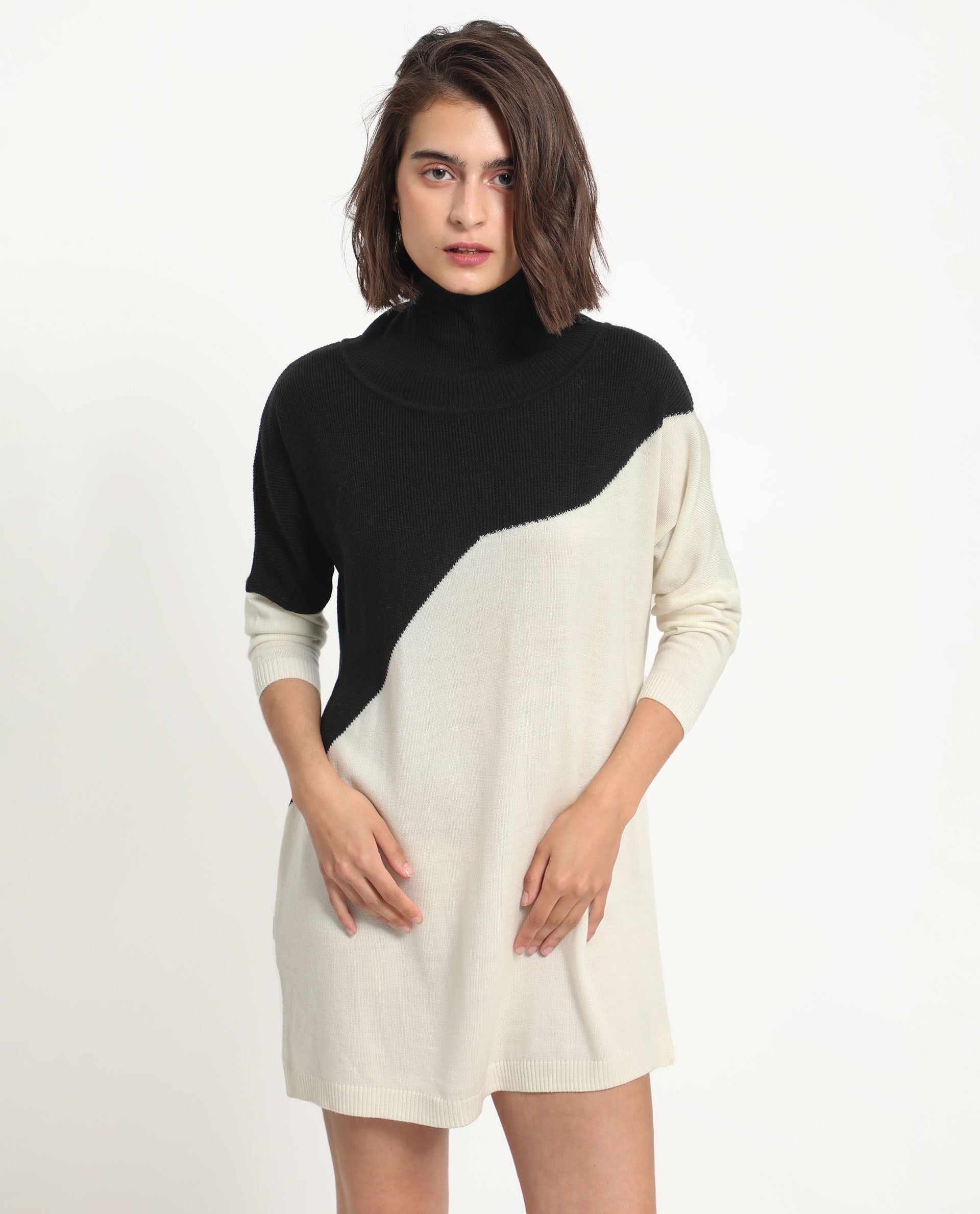 Rareism Women Spaton 2 White Acrylic Fabric Full Sleeves High Neck Regular Fit Color Blocked Knee Length Sweater