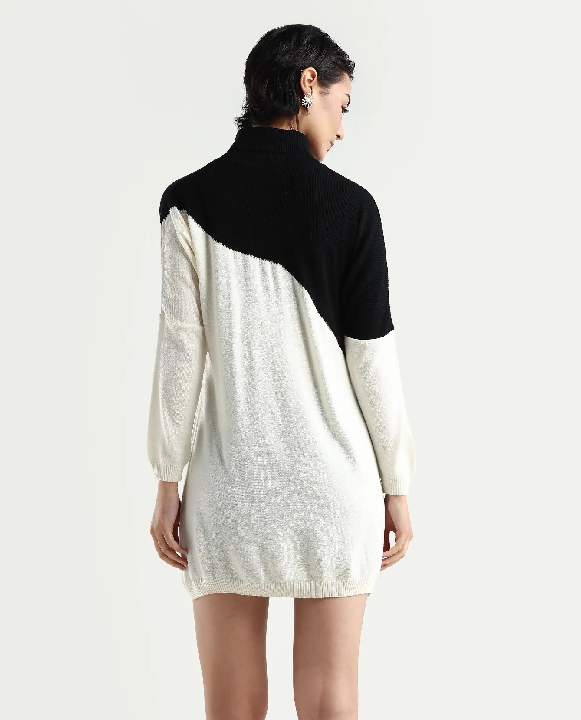 Rareism Women's Spaton 2 White Acrylic High Neck Color Block Knee Length Regular Fit Sweater