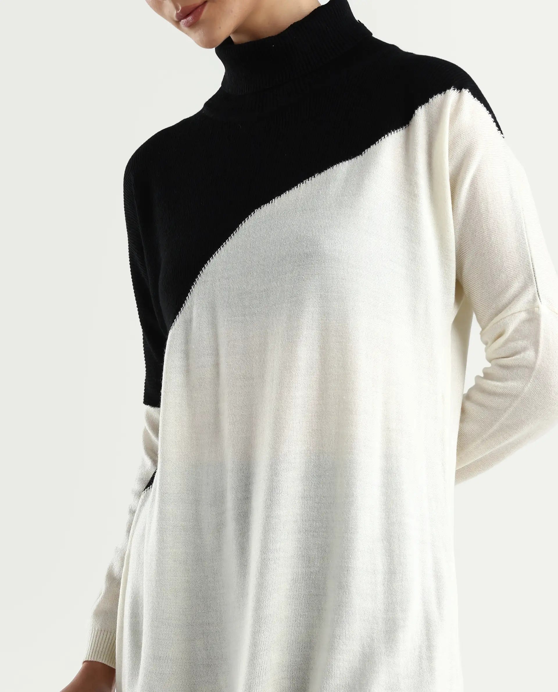 Rareism Women's Spaton 2 White Acrylic High Neck Color Block Knee Length Regular Fit Sweater