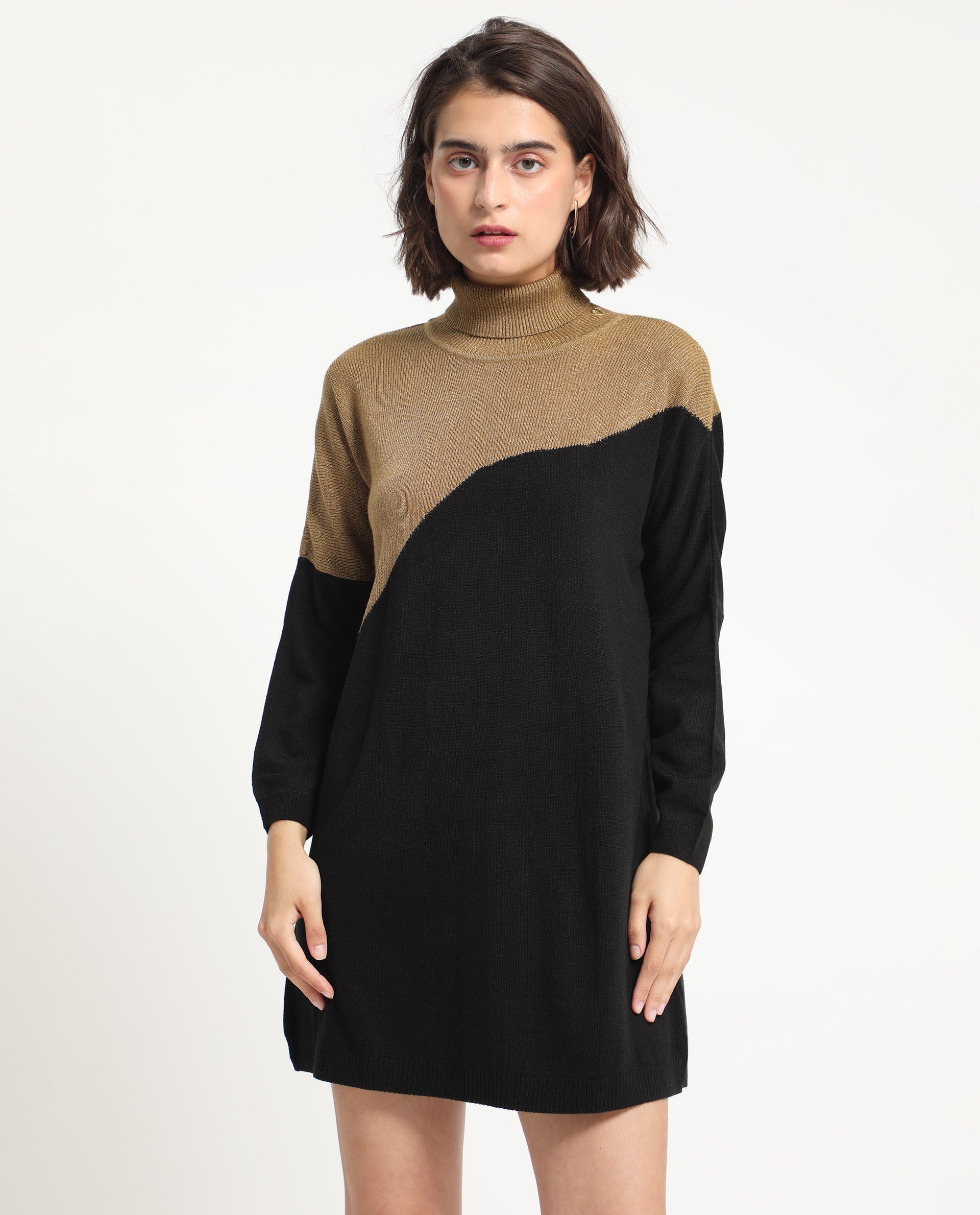 Rareism Women Spaton 2 Black Acrylic Fabric Full Sleeves Knee Length Regular Fit Abstract Print High Neck Sweater