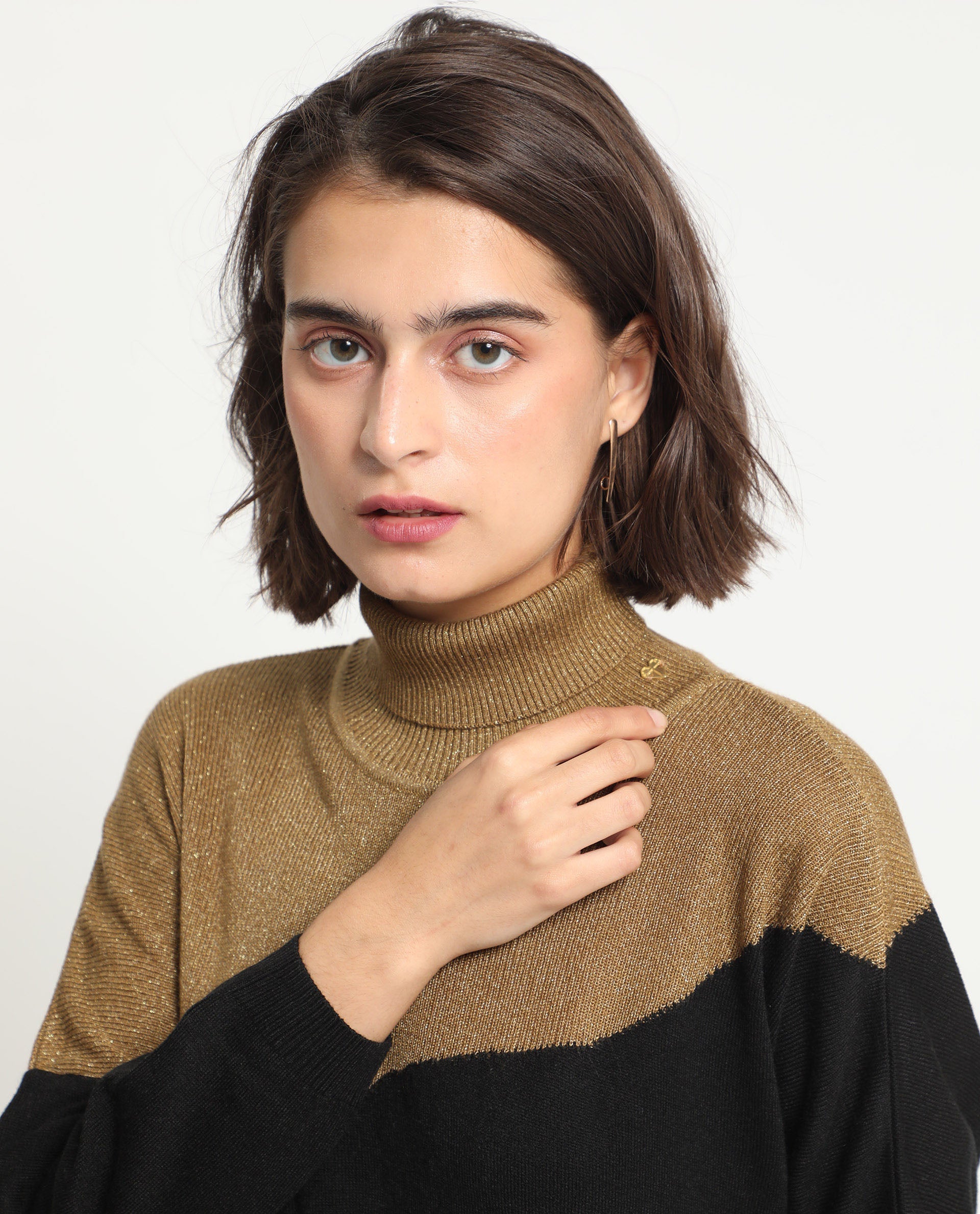 Rareism Women Spaton 2 Black Acrylic Fabric Full Sleeves Knee Length Regular Fit Abstract Print High Neck Sweater