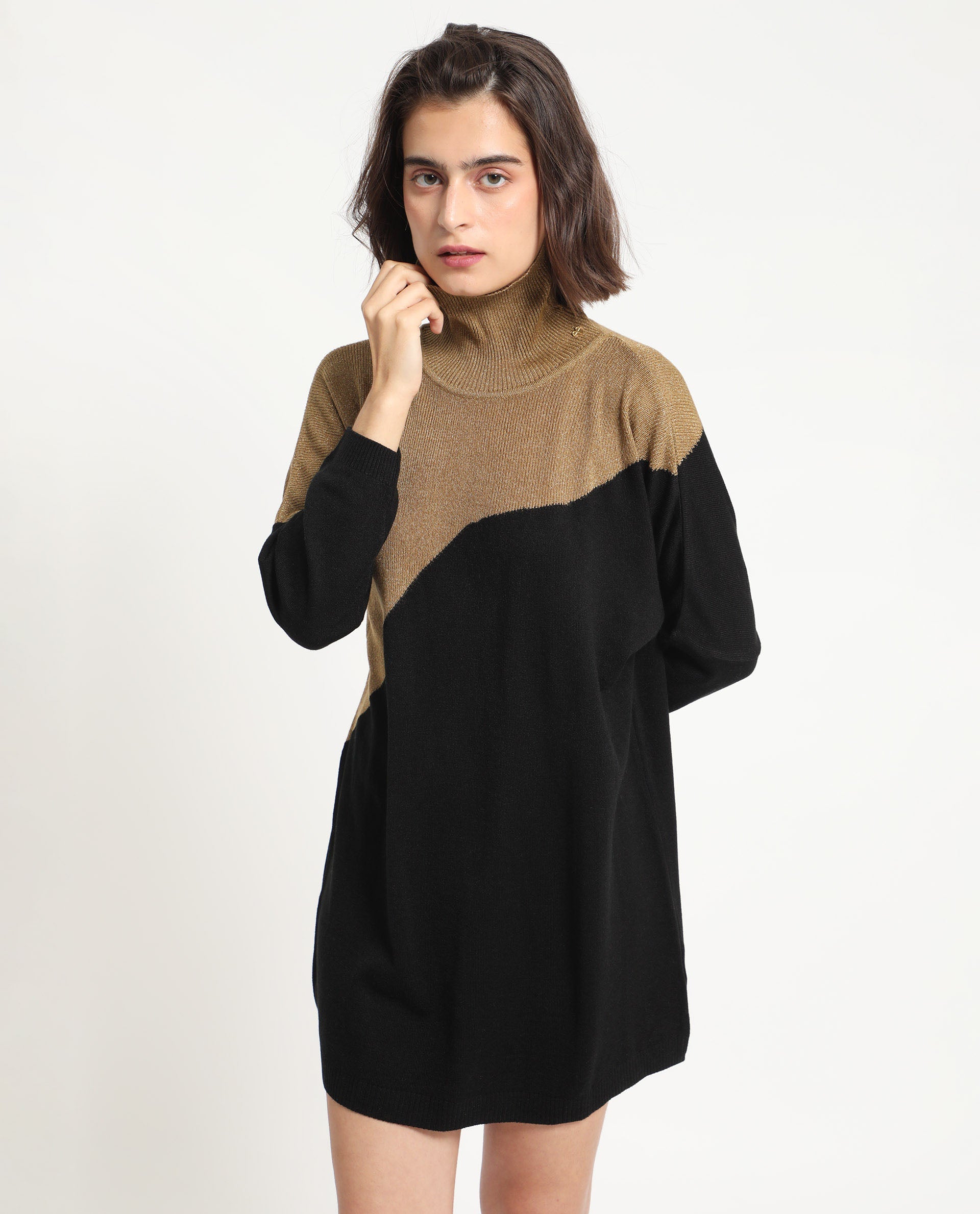 Rareism Women Spaton 2 Black Acrylic Fabric Full Sleeves Knee Length Regular Fit Abstract Print High Neck Sweater