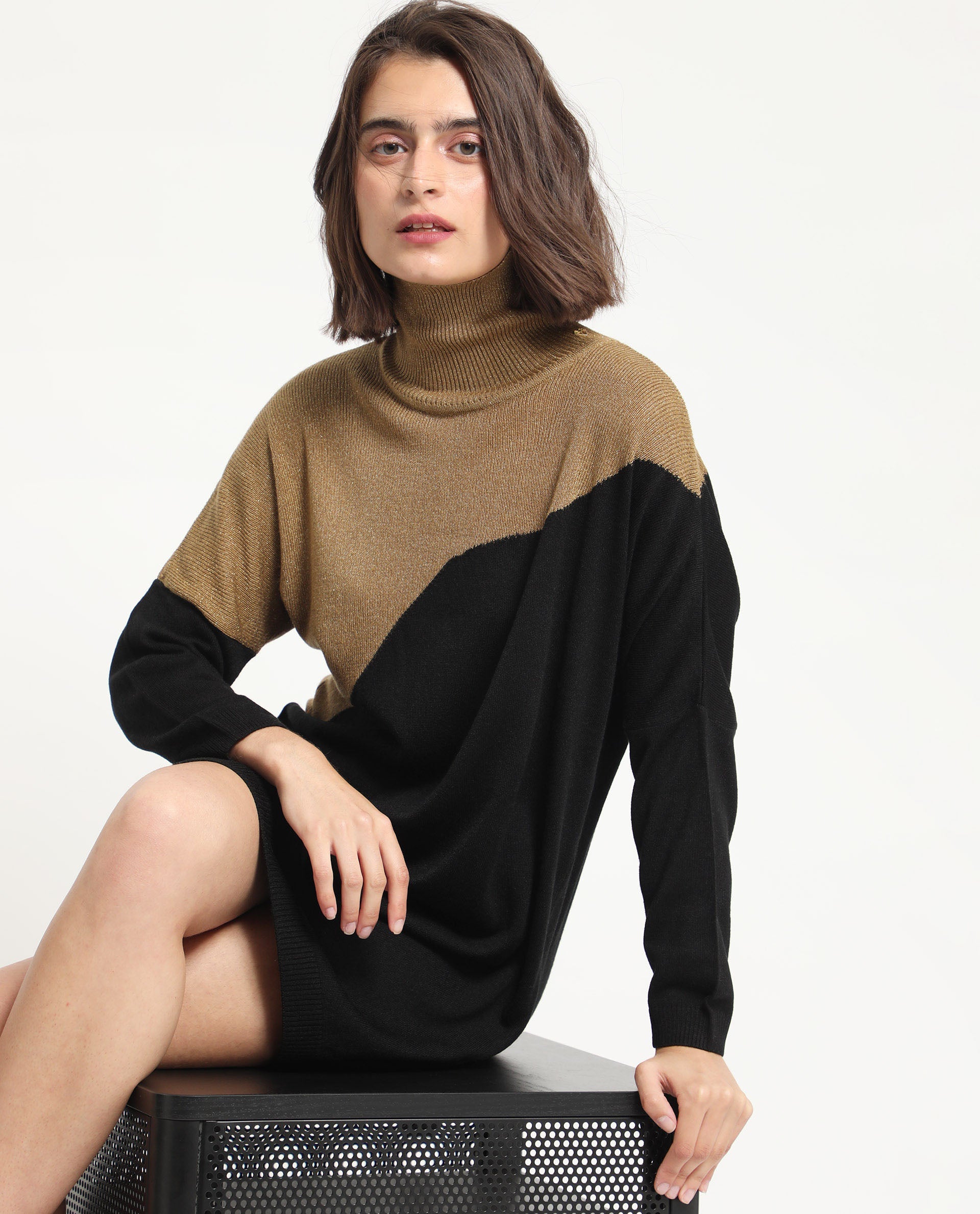 Rareism Women Spaton 2 Black Acrylic Fabric Full Sleeves Knee Length Regular Fit Abstract Print High Neck Sweater