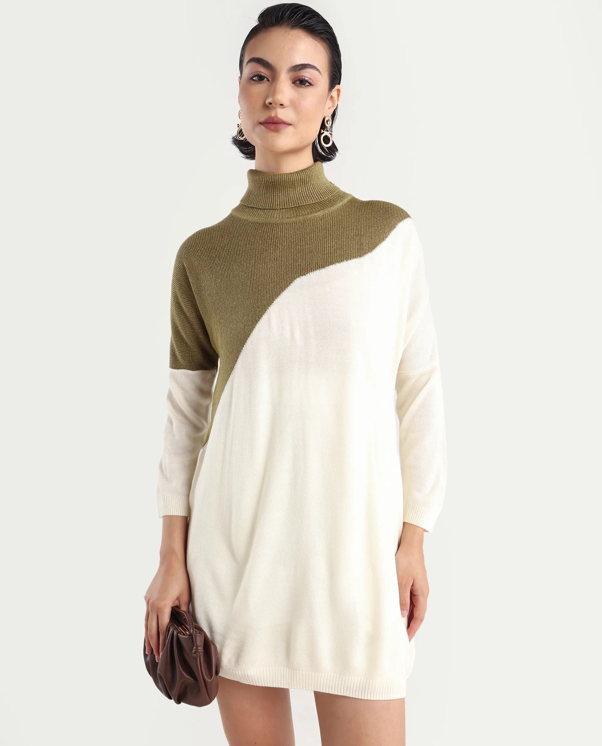 Rareism Women's Spaton White Knit Turtle Neck Plain Knee Length Straight Fit Sweater