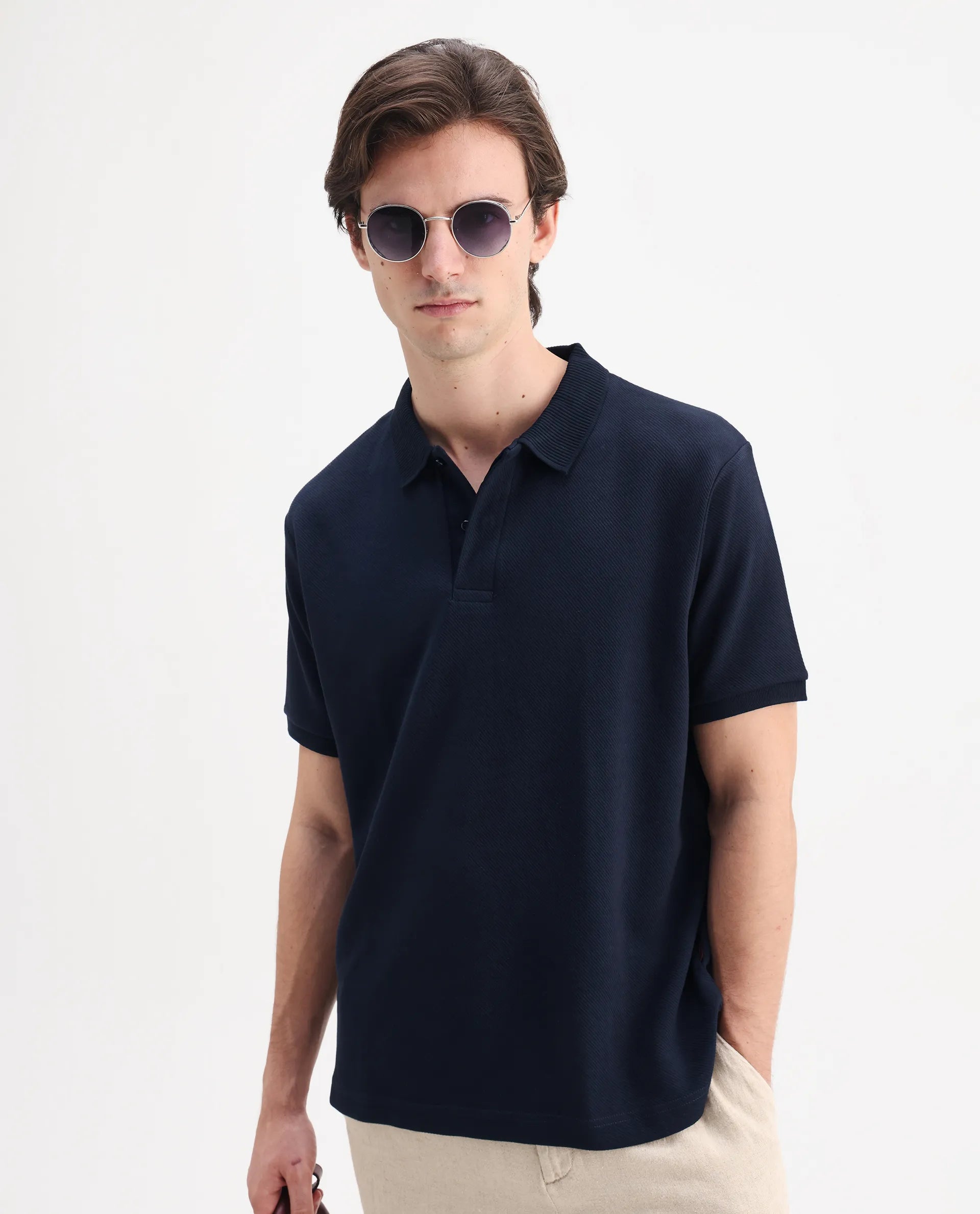 Rare Rabbit Men's Spec Navy Twill Plain Oversized Fit Half Sleeve Polo