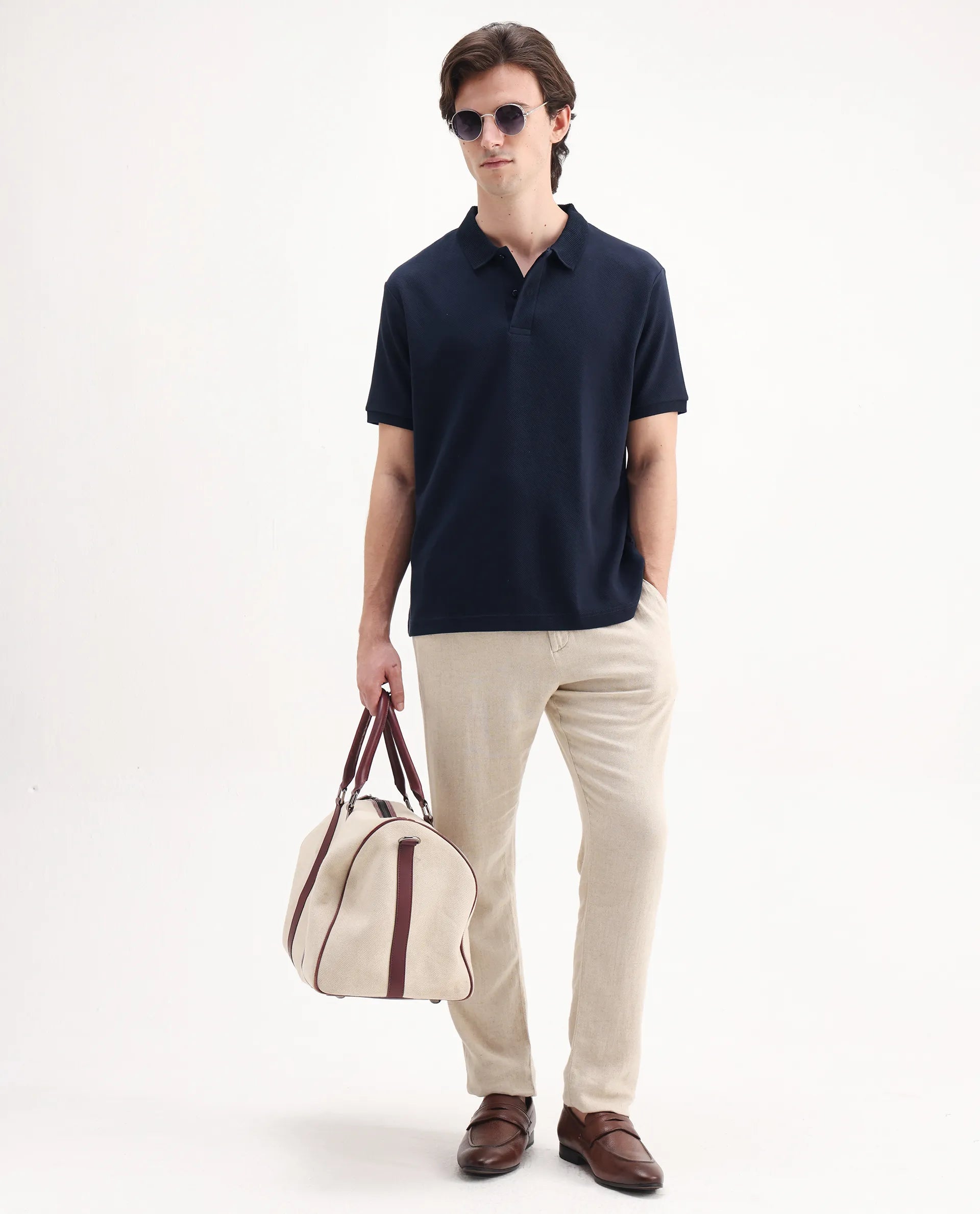 Rare Rabbit Men's Spec Navy Twill Plain Oversized Fit Half Sleeve Polo