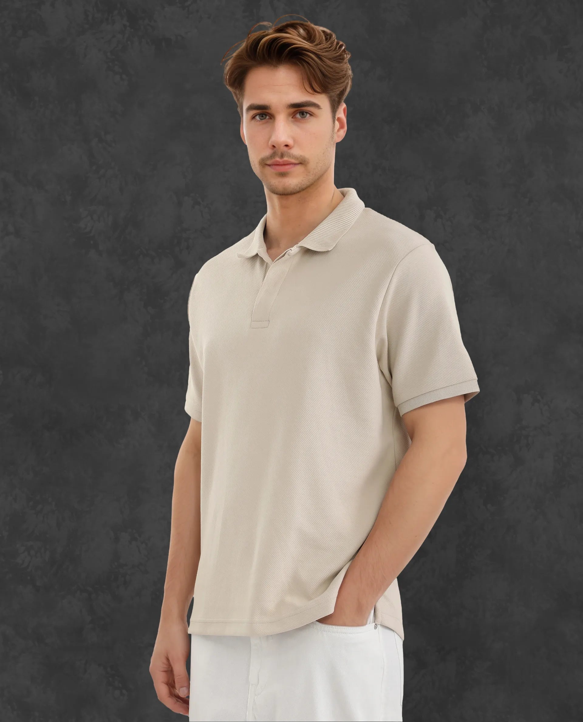 Rare Rabbit Men Spec Off White Cotton Polyester Fabric Short Sleeve Collared Neck Button Closure Plain Polo