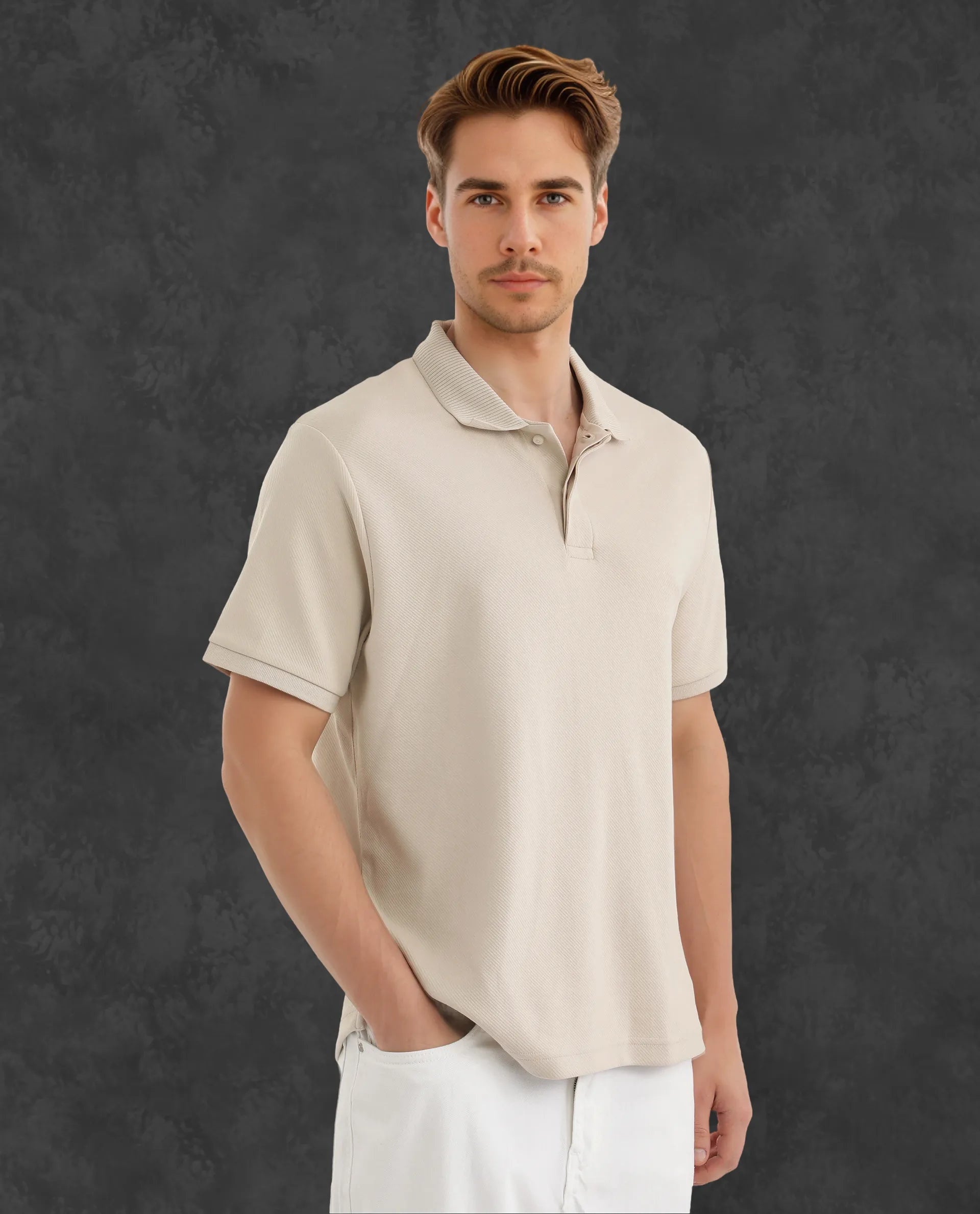 Rare Rabbit Men Spec Off White Cotton Polyester Fabric Short Sleeve Collared Neck Button Closure Plain Polo