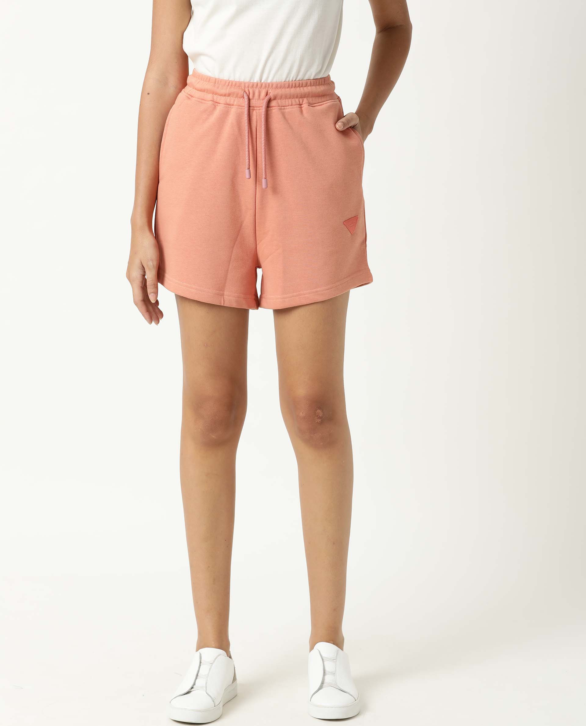 Rareism Women Spence Orange Poly Cotton Fabric Regular Fit Solid Mid Rise Shorts