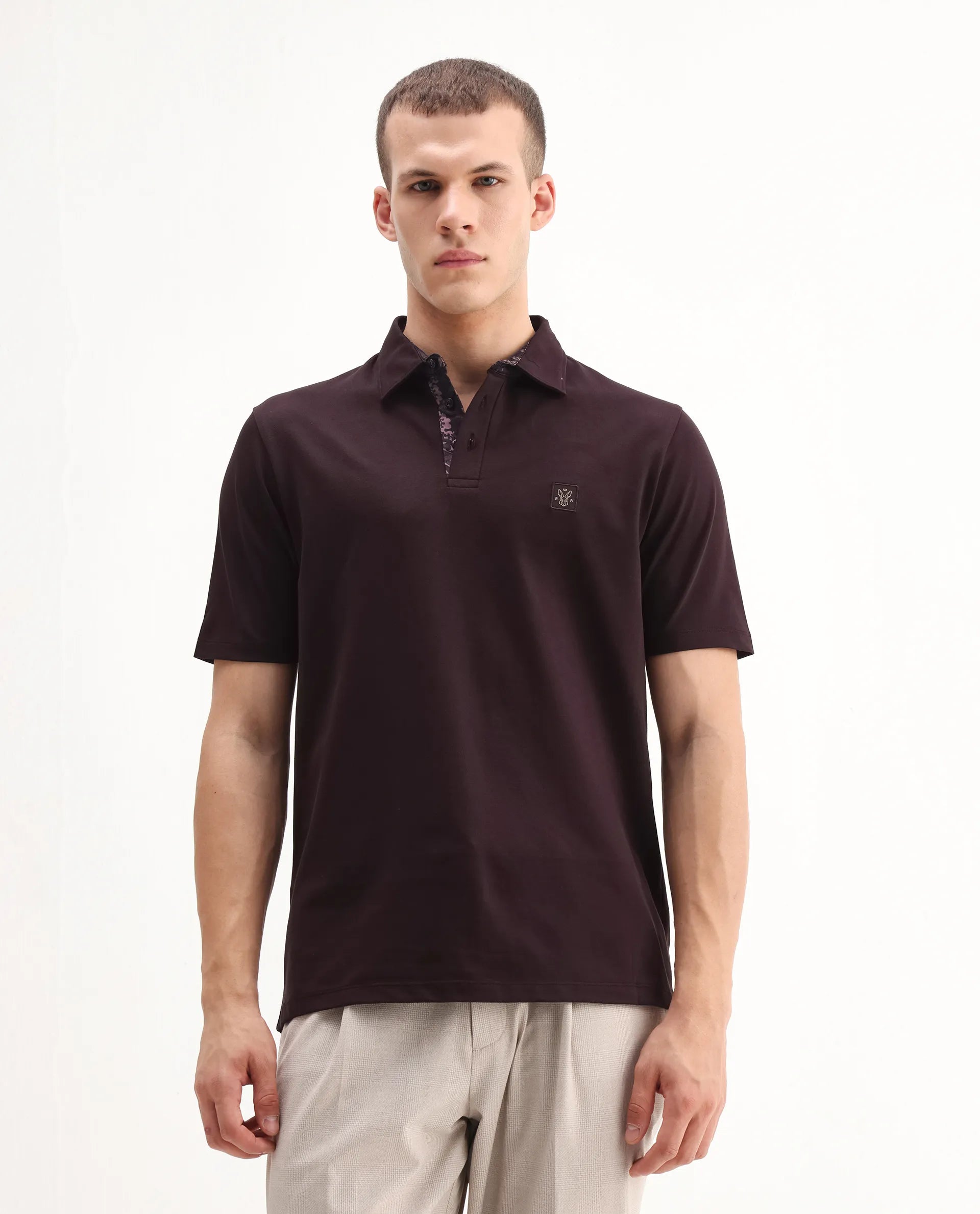 Rare Rabbit Men's Spencer Dark Maroon Cotton Plain Regular Fit Half Sleeve Polo