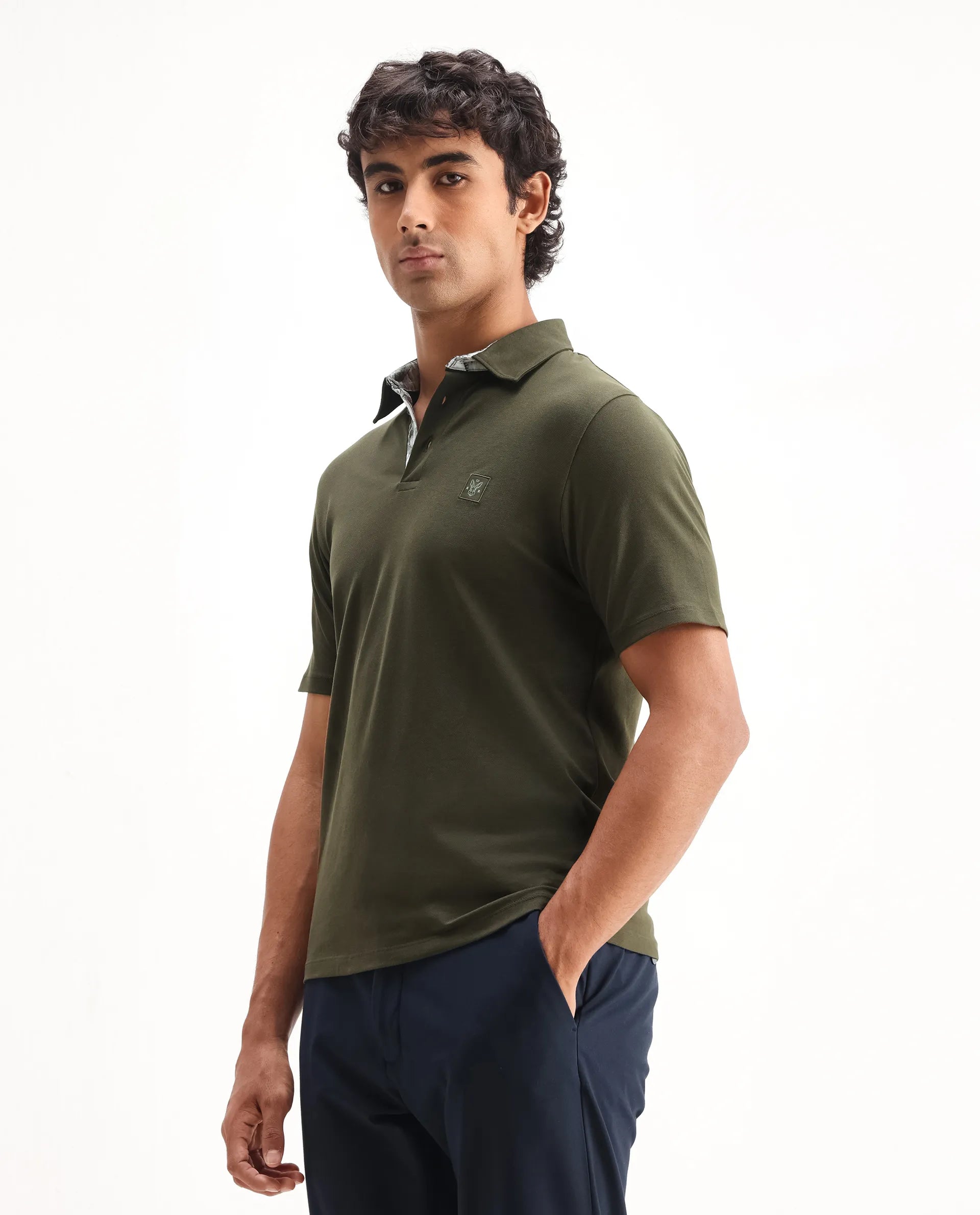 Rare Rabbit Men's Spencer Dark Olive Cotton Plain Regular Fit Half Sleeve Polo