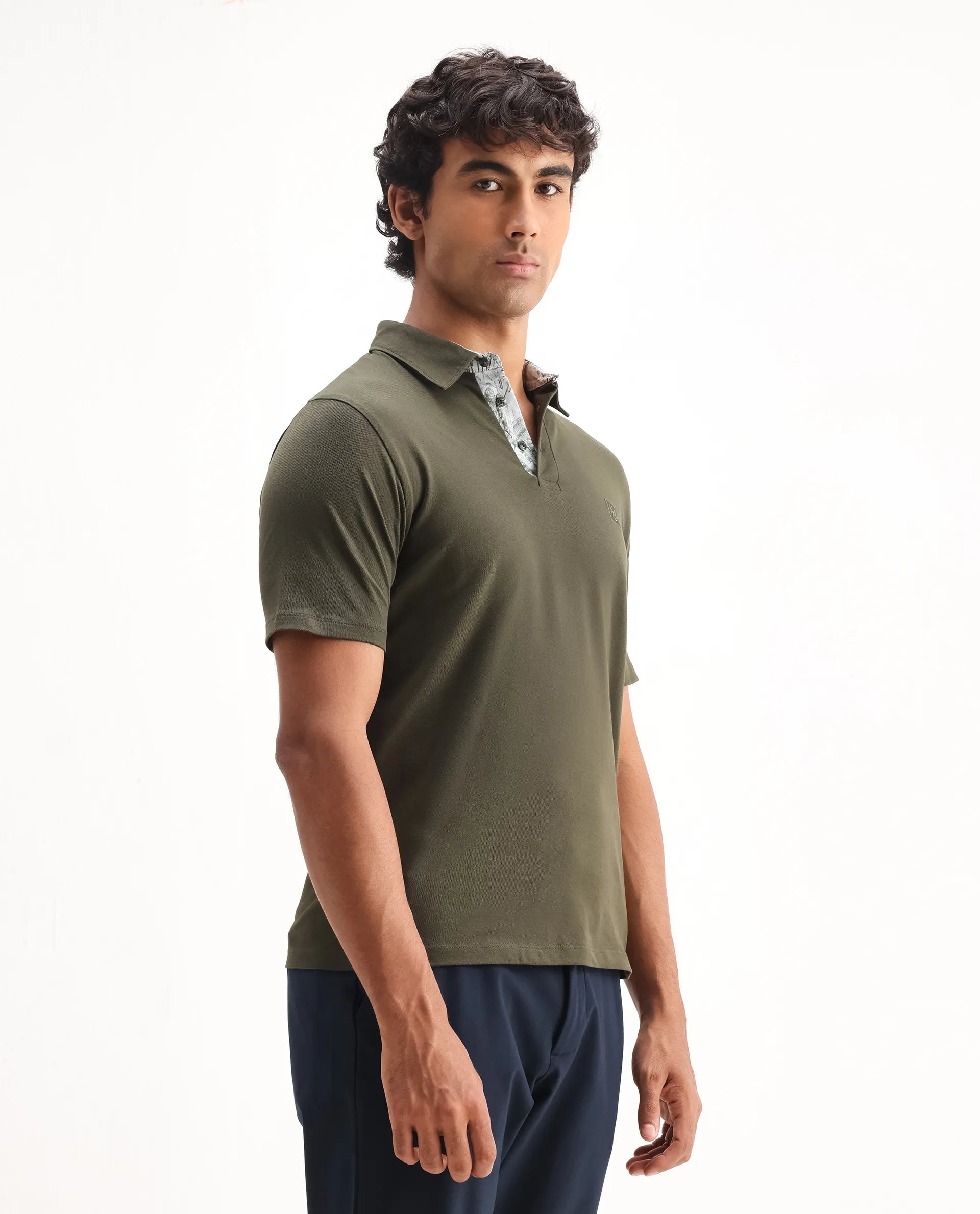 Rare Rabbit Men's Spencer Dark Olive Cotton Plain Regular Fit Half Sleeve Polo