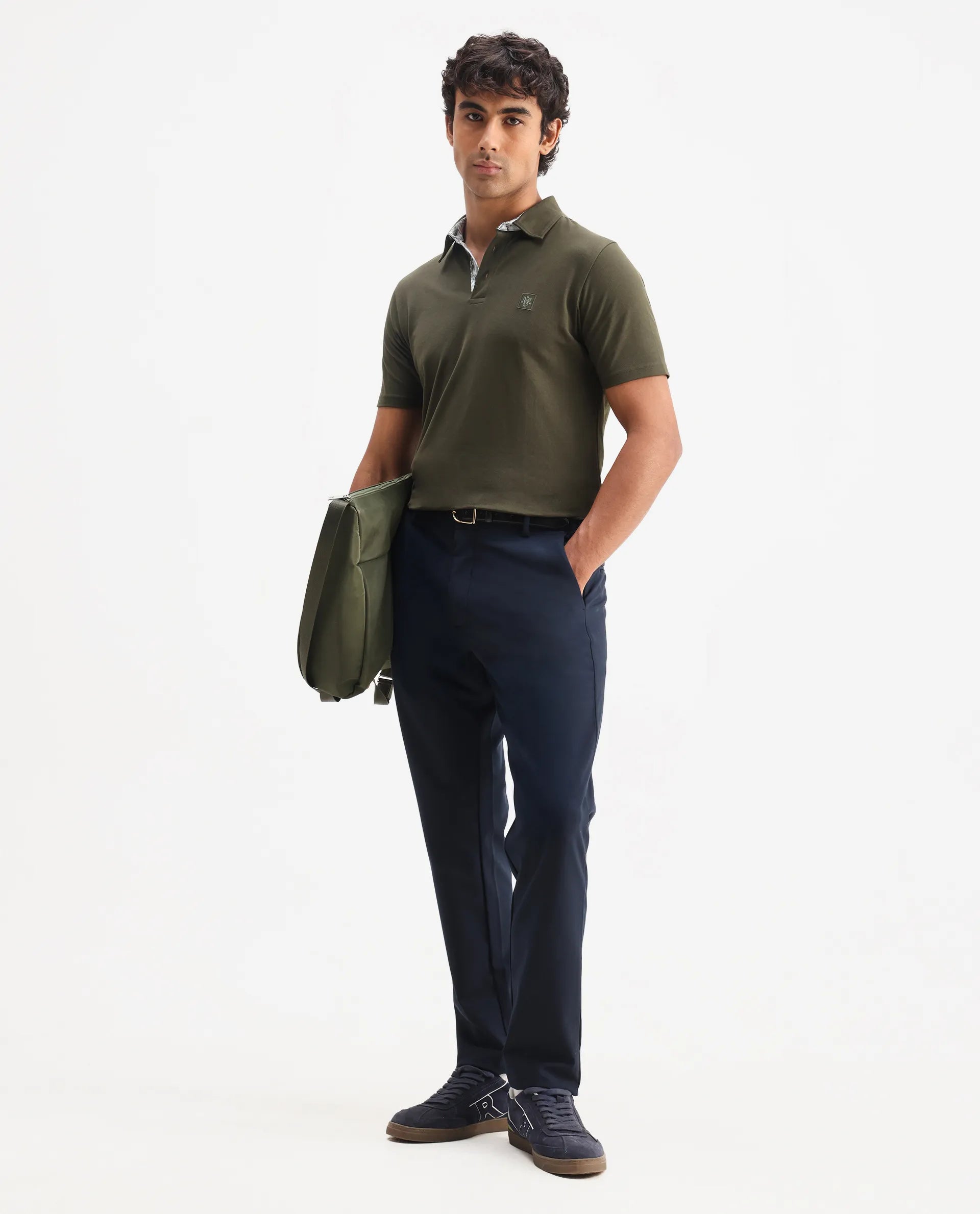 Rare Rabbit Men's Spencer Dark Olive Cotton Plain Regular Fit Half Sleeve Polo