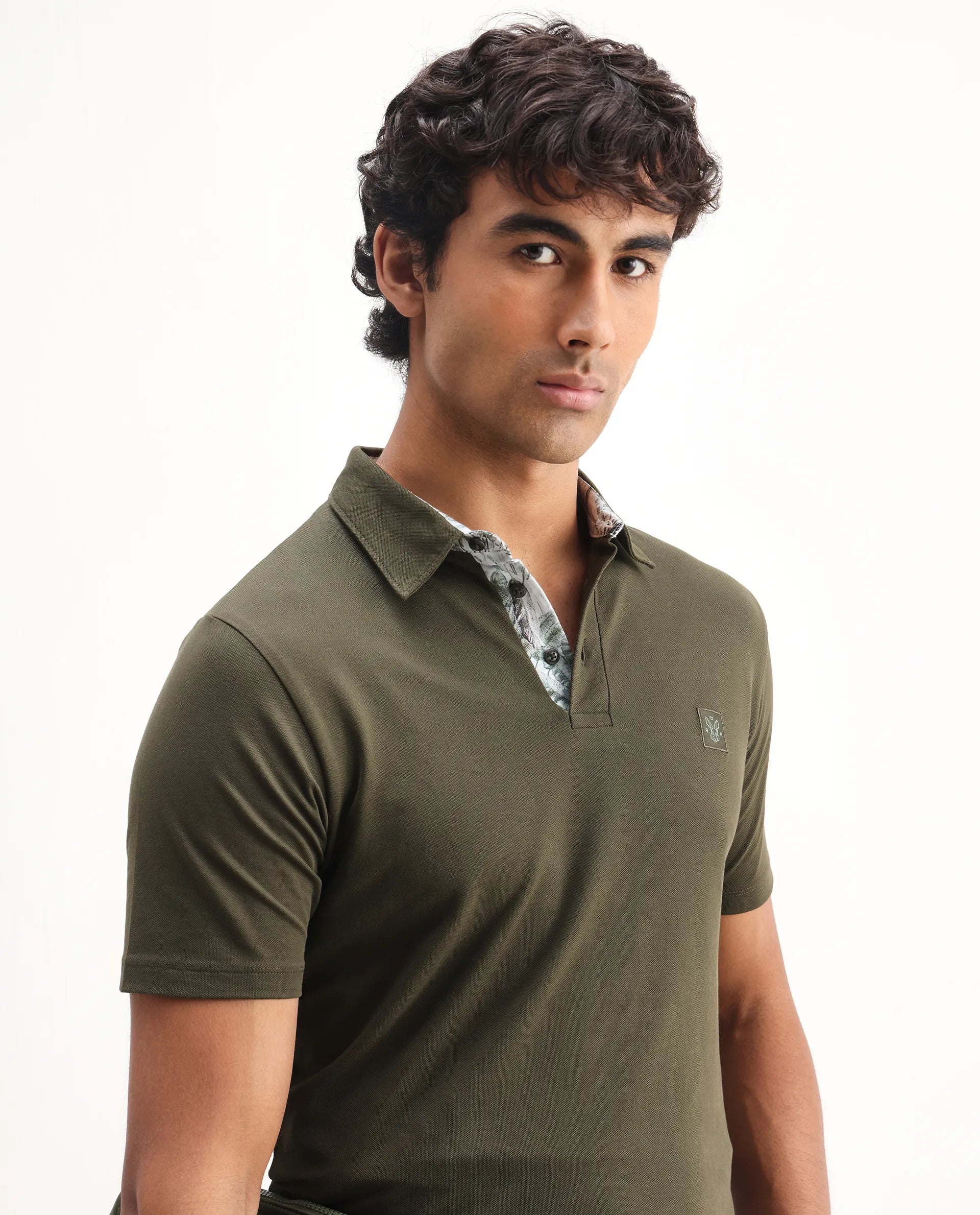 Rare Rabbit Men's Spencer Dark Olive Cotton Plain Regular Fit Half Sleeve Polo