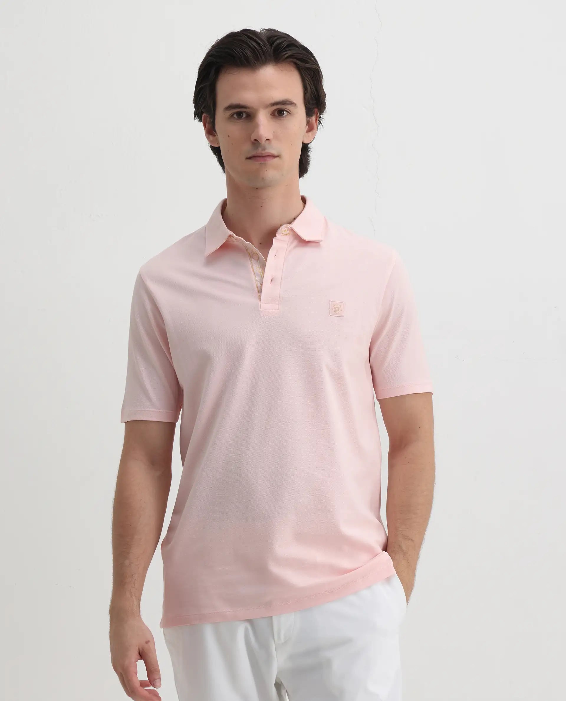 Rare Rabbit Men's Spencer Light Pink Cotton Plain Regular Fit Half Sleeve Polo