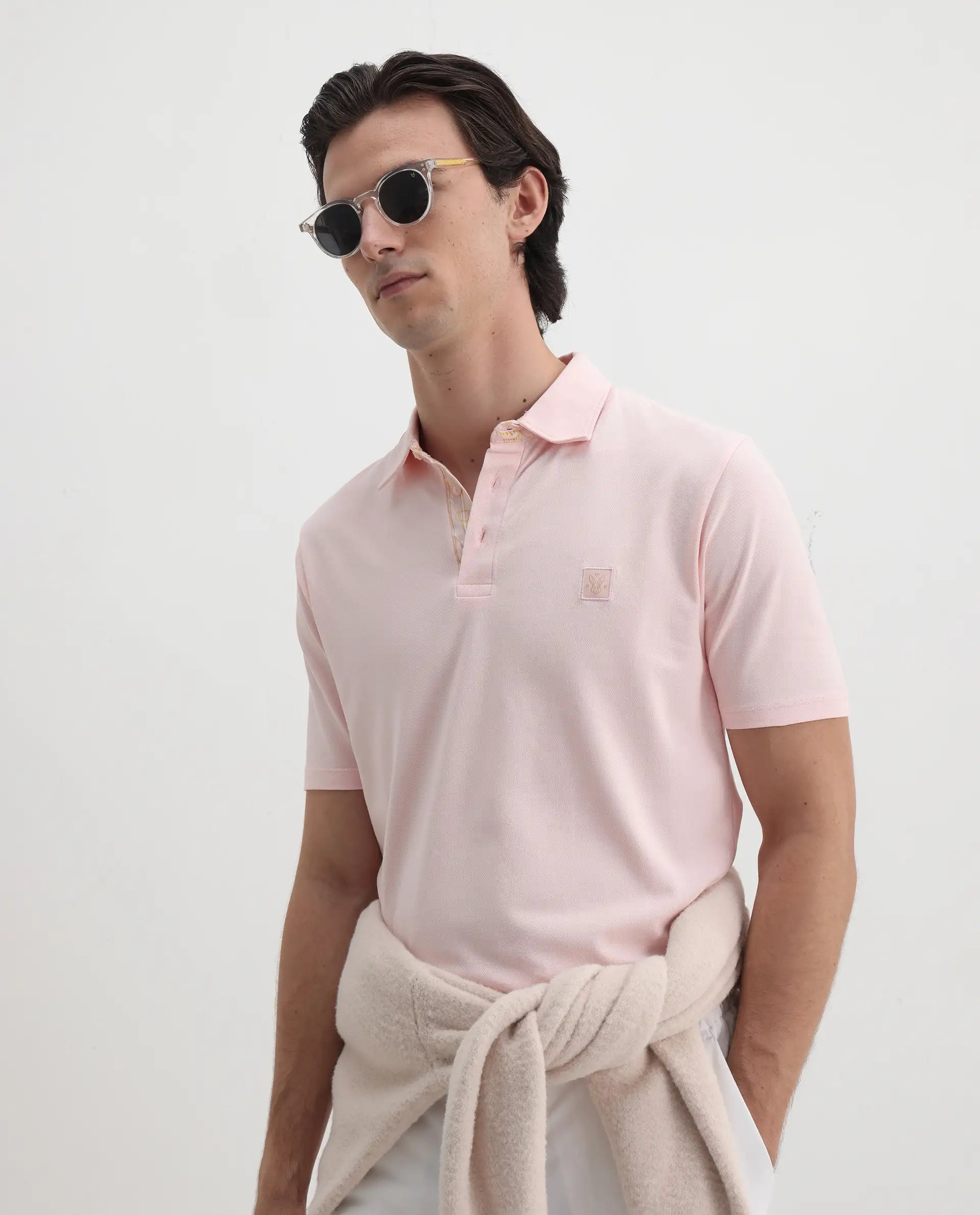 Rare Rabbit Men's Spencer Light Pink Cotton Plain Regular Fit Half Sleeve Polo