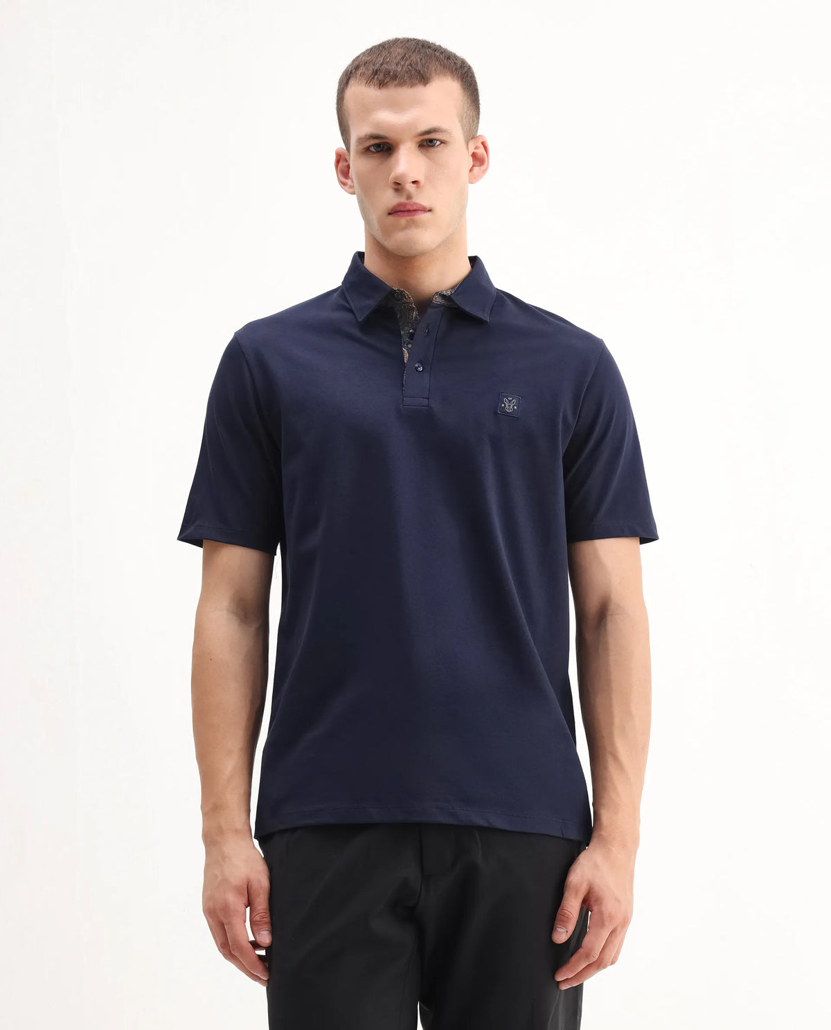 Rare Rabbit Men's Spencer Navy Cotton Plain Regular Fit Half Sleeve Polo
