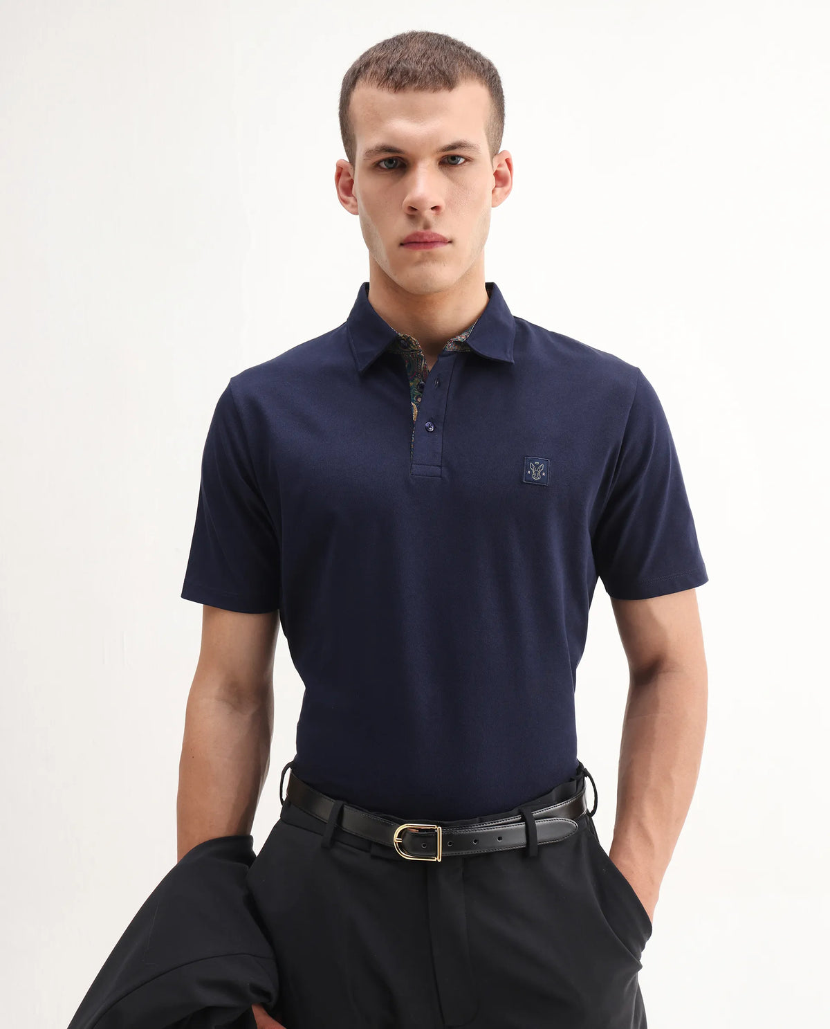 Rare Rabbit Men's Spencer Navy Cotton Plain Regular Fit Half Sleeve Polo
